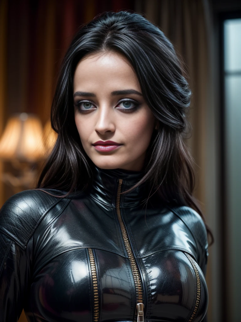 arafed woman (EvaGreen), (makeup:1.4), beautiful smile, Unzipped turtleneck latex outfit, zipper, highly detailed fur, natural skin texture, 4k textures, Highly detailed perfect , Lightroom, Intricate, Ultra-Realistic, Out There, (HDR:1.3), UHD, (Intricate Detail, Hyper-Detailed:1.1), Cinematic, Photoreal, (Dark Shot:1.2), Dramatic, High Contrast, (Warm Color:1.1) , muted colors, master piece, elegant, sharp focus,