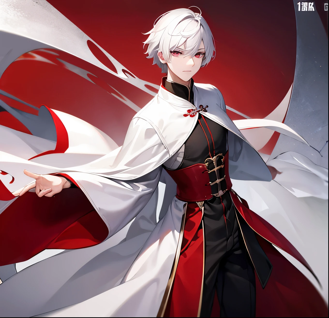 Adult man、Crimson Eyes、White Hair、short hair、Expressionless、Normal body type、Robe