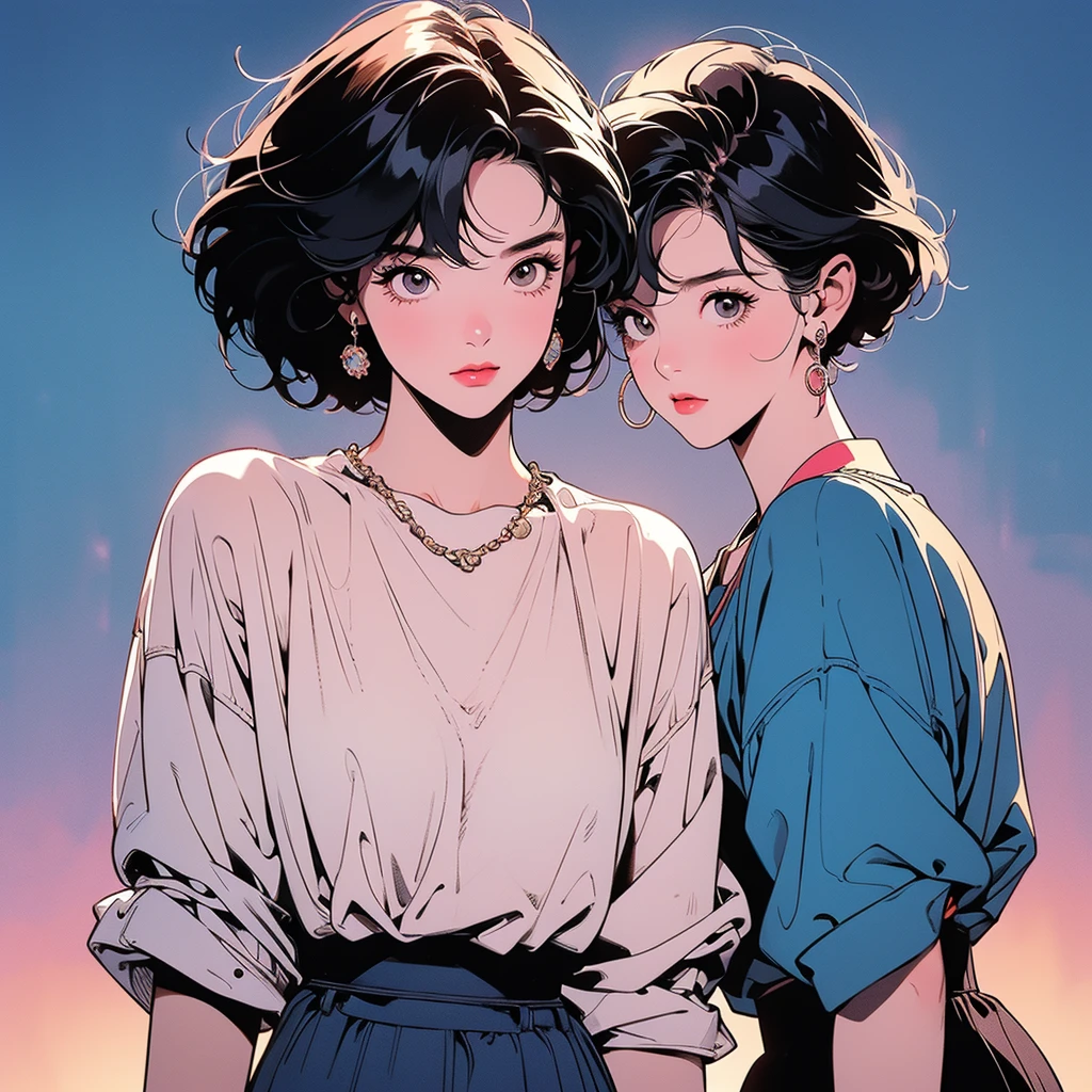 whole body, upper body, have an iphone , flea pit, apartment, 1 girl, 4K, disapproval , Short hair , skirt, blouse、dim lighting、detailed hair、perfect face、80s fashion、retro color、best quality、detailed background、complex background、sunset