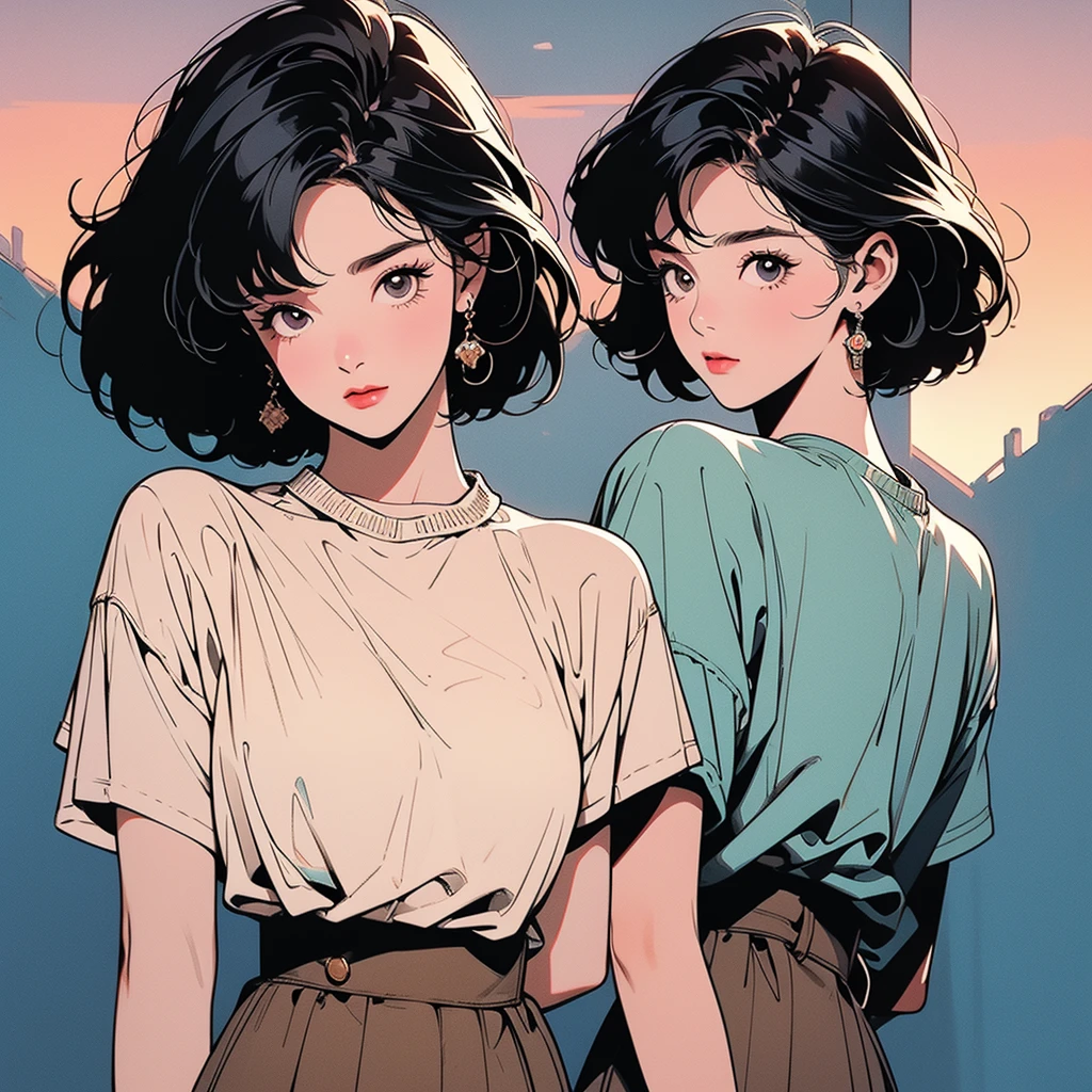whole body, upper body, have an iphone , flea pit, apartment, 1 girl, 4K, disapproval , Short hair , skirt, blouse、dim lighting、detailed hair、perfect face、80s fashion、retro color、best quality、detailed background、complex background、sunset