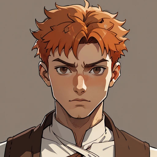 (masterpiece), (best quality),(portrait),(bust up),1boy,solo,(sharp focus),((look at viewer)),(orange hair),young boy,short hair,(ancient:1),ancient luxurious long clothes,old school fantasy art,(farmer outfit),((simple background)),gray background,(shirou emiya), (brown eyes:1.5)