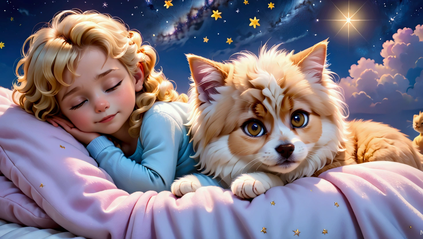 An image of a blond 5 year old boy with yellow curly hair, sleeping with a 5 year old, straight shoulder-length black hair, a puppy of the lhaza apso breed, white with caramel spots on the eyes, paws and tail, a blue kitten, um gatinho filhote amarelo com um boné da vondutch e uma pink kitten filhote  com uma tiara de flores na cabeça, everyone sleeps peacefully with a slight smile in their eyes, as if they were dreaming, they sleep on a cloud with a background of a beautiful starry night and a figure that represents a version of Amadeus Mozart as he is telling the characters to sleep. pink kitten, no clothers