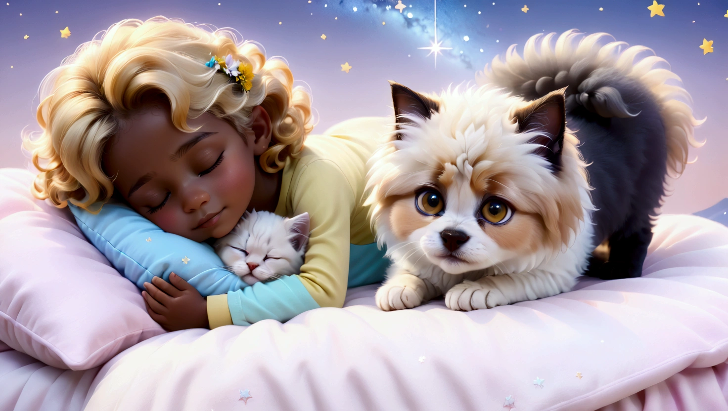 An image of a blond 5 year old boy with yellow curly hair, sleeping with a 5 year old, straight shoulder-length black hair, a puppy of the lhaza apso breed, white with caramel spots on the eyes, paws and tail, a blue kitten, um gatinho filhote amarelo com um boné da vondutch e uma pink kitten filhote  com uma tiara de flores na cabeça, everyone sleeps peacefully with a slight smile in their eyes, as if they were dreaming, they sleep on a cloud with a background of a beautiful starry night and a figure that represents a version of Amadeus Mozart as he is telling the characters to sleep. pink kitten, no clothers