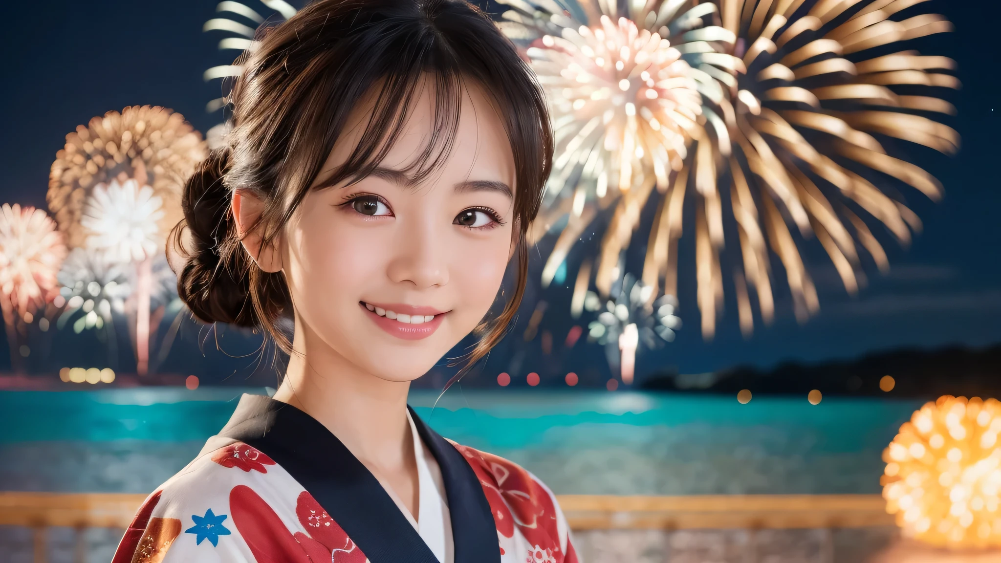 kawaii, (1girl), (happy smile:1.2), (yukata), Chignon hair, (Best Quality:1.4), Realistic, extremely detailed CG unified 8k wallpaper, highly detailed, High-definition raw color photos, professional photography, Realistic portrait, Beautiful detailed, Close up portrait of girl, Outdoors, Beautiful scenery, beach, (The night sky, fireworks, beautiful fireworks spreading across the sky:1.4), so beautiful, upper body photos, amazingly beautiful sight, A wonderful, (Fine face:1.2),