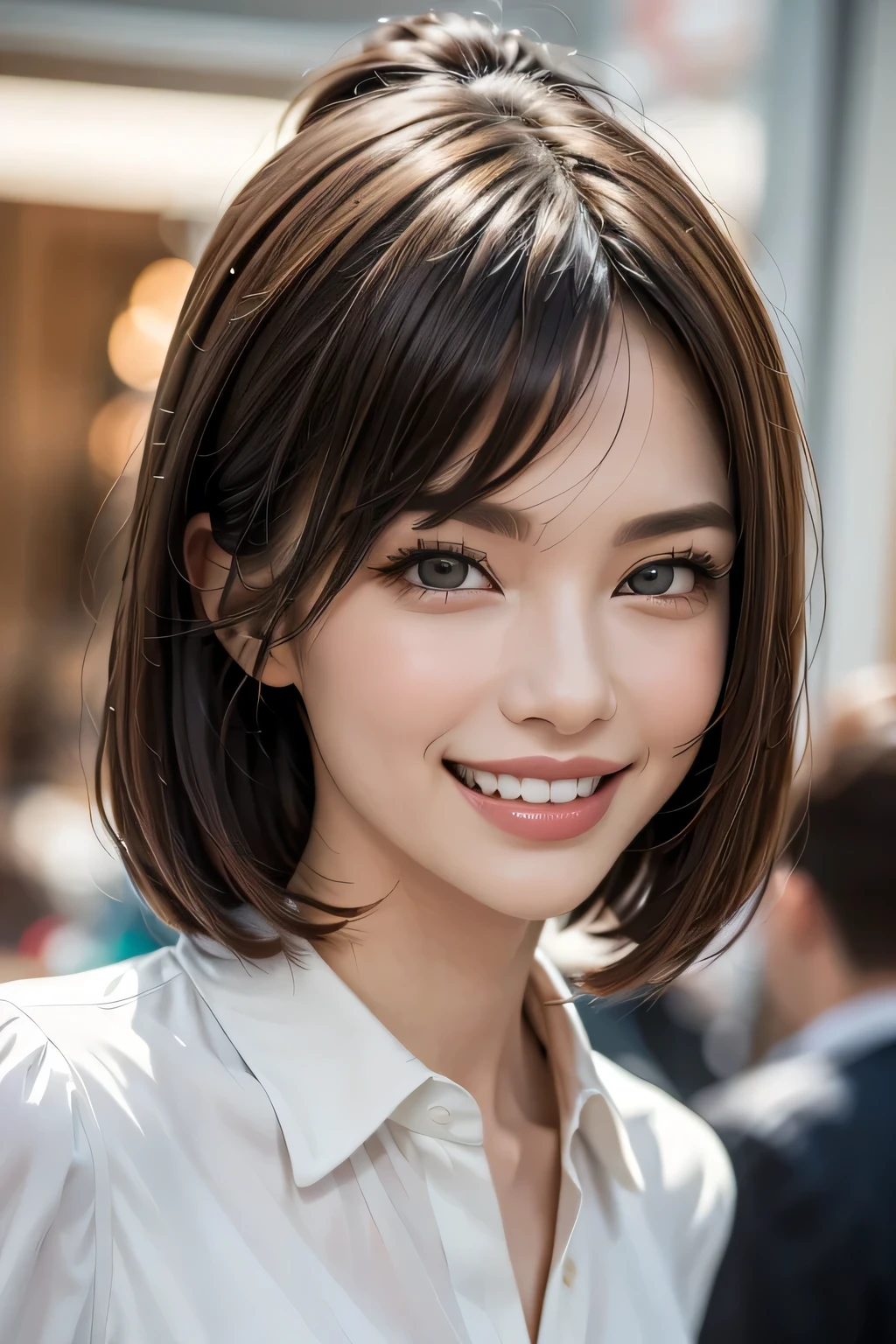 ((masterpiece)), ((Highest quality)), ((Complex)), ((Surreal)), (Realistic), (Mature Woman), ((No classes)), Very detailed, (1 female), Beautiful and exquisite, (Beautiful Teeth), Grin, Brunette bob hair, Brown eyes, ((blouse)), (Upper Body), (background:none), Perfect Eyes, Captivating eyes, Looking at the audience