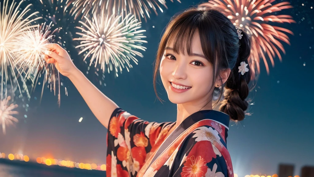 kawaii, (1girl), (happy smile:1.2), (yukata), Chignon hair, (Best Quality:1.4), Realistic, extremely detailed CG unified 8k wallpaper, highly detailed, High-definition raw color photos, professional photography, Realistic portrait, Beautiful detailed, Close up portrait of girl, Outdoors, Beautiful scenery, beach, (The night sky, fireworks, beautiful fireworks spreading across the sky:1.4), so beautiful, upper body photos, amazingly beautiful sight, A wonderful, (Fine face:1.2),