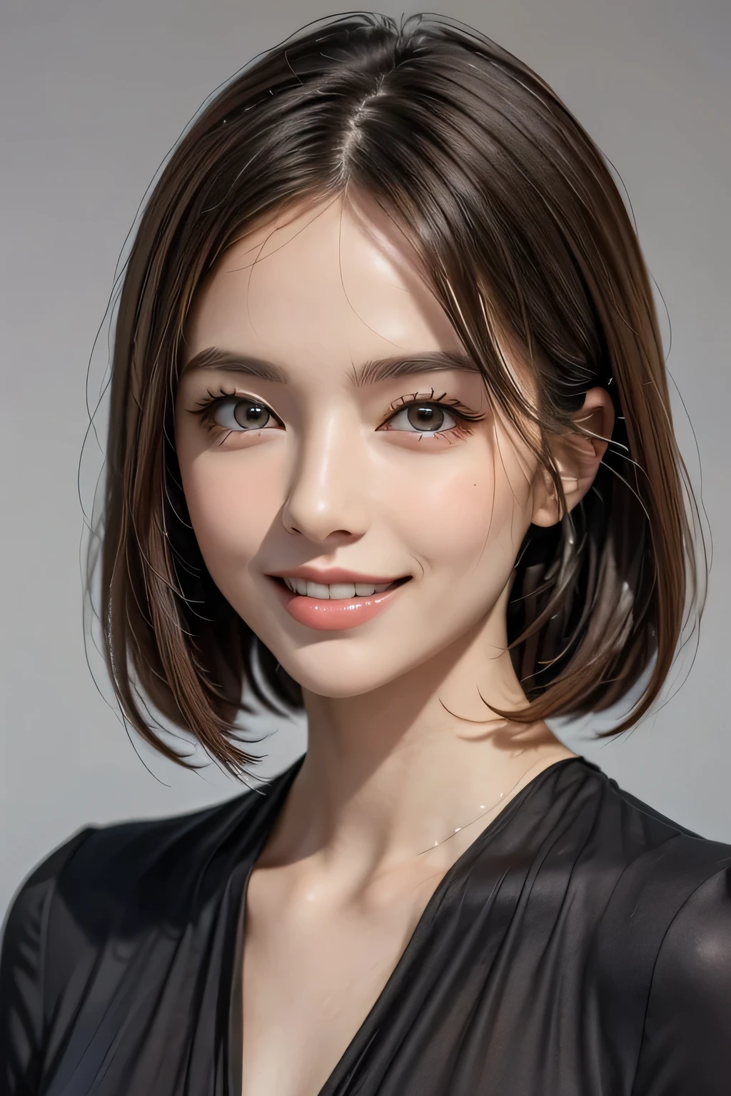 ((masterpiece)), ((Highest quality)), ((Complex)), ((Surreal)), (Realistic), (Mature Woman), ((No classes)), Very detailed, (1 female), Beautiful and exquisite, (Beautiful Teeth), Grin, Brunette bob hair, Brown eyes, ((blouse)), (Upper Body), (background:none), Perfect Eyes, Captivating eyes, Looking at the audience
