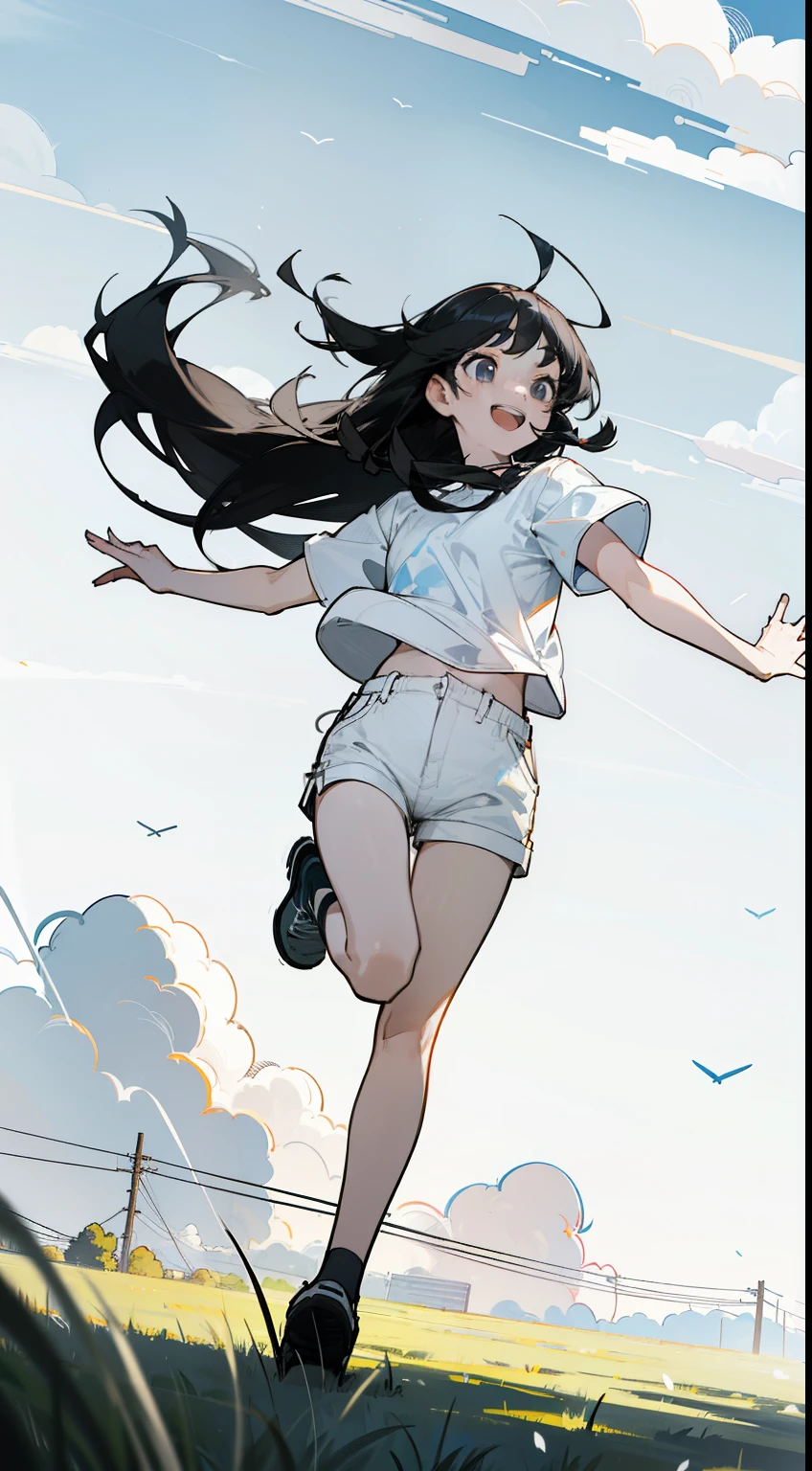 1girl,10s years,solo,smile,black eyes,black hair,long hair,(((hair 2antennas))),((white shirt,short sleeves,white shorts)),running,full body,open mouth,grass,blue sky,clouds