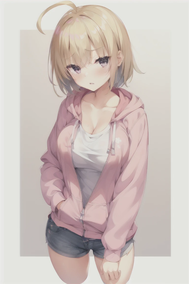 1girl,bangs,独奏,blush,jacket,simple_background,white_background,breasts,cleavage,large_breasts,open_mouth,shorts,eyebrows_ass visible_through_hair,short_hair,ahoge,bionde_hair,long_sleeves,large_breasts,hair_between_eyes,standing,shirt,grey_eyes,white_shirt,collarbone,gray_shorts,parted_lips,hood,hooded_jacket,zipper,animal_hood,hood_up,hoodie,hand_up,outline,short_shorts,denim_shorts,grey_shorts,dolphin_shorts,sleeves_past_wrists,cropped_Legs,sleeves_past_fingers,pink_jacket,pink_hoodie,expensive_solve, clear_image, expensive_Contrast, 8k, Sparkling, beautiful_detailed_face_and_eye, (Blonde:1.25), 白 eye,White background,White background
