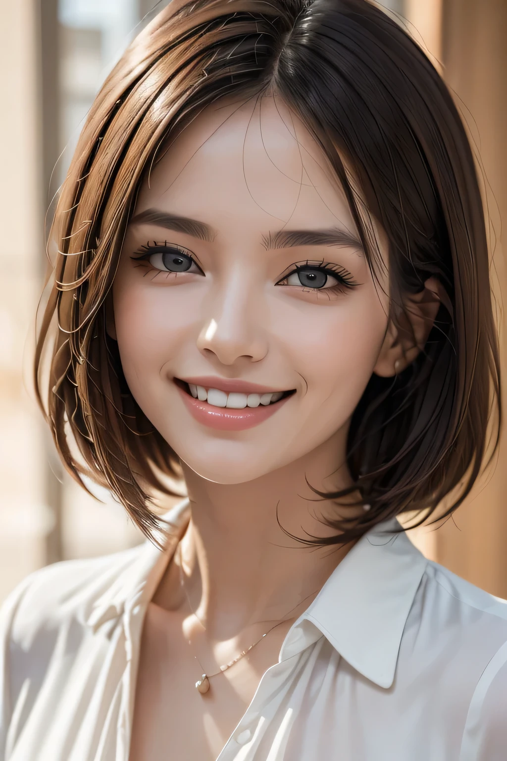 ((masterpiece)), ((Highest quality)), ((Complex)), ((Surreal)), (Realistic), ( Woman), ((No classes)), Very detailed, (1 female), Beautiful and exquisite, (Beautiful Teeth), Grin, Brunette bob hair, Brown eyes, ((blouse)), (Upper Body), (background:none), Perfect Eyes, Captivating eyes, Looking at the audience