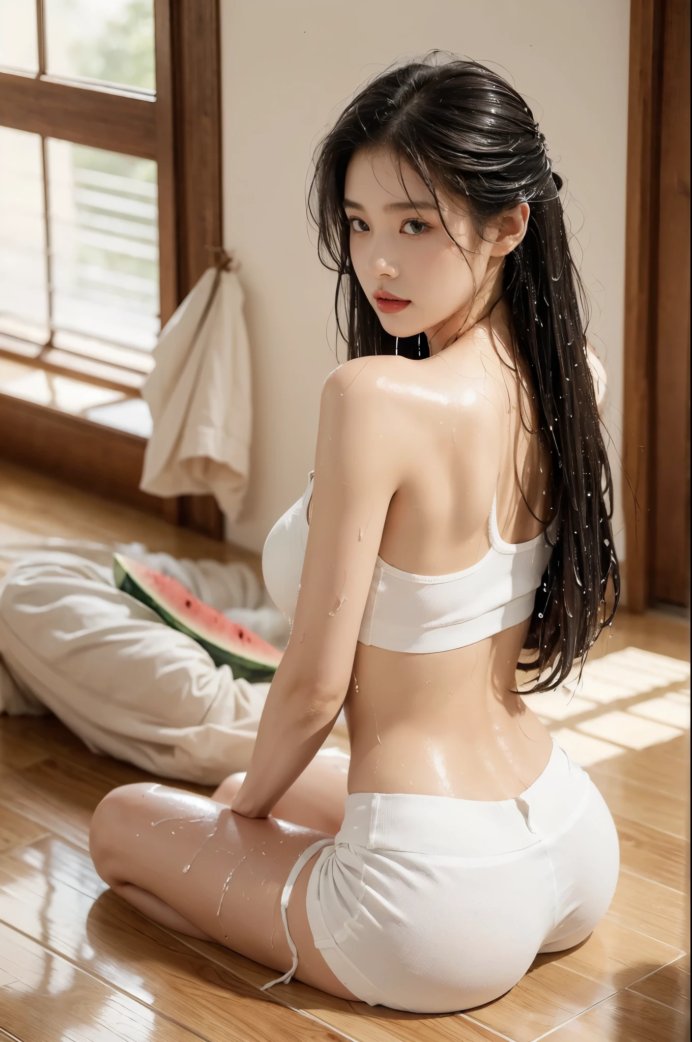 (((best quality))),(((ultra detailed))),(((masterpiece))),illustration,((1 beautiful girl,solo)),(blush:1.3),(sweat:1.5),(wet:1.5),(shiny skin:1.5),((slim,thin)),((bare back,towering hips,butt crack)),serene, Japanese countryside, summer, (white tank top:1.3),(navel:1.2),(white shorts:1.3),(slender legs:1.2), resilience, vitality, Japanese-style room, tatami mats, paper sliding doors, natural light, warm ambiance, minimalistic furniture, harmony, nature, human existence, radiant complexion,(shoulder length straight hair:1.2), ethereal, determination, unwavering spirit, adversity, stunning appearance, captivating, interplay of light and shadow, intricate details, heat, strength, tranquility, inner peace, summer beauty, human subject,resilience,(watermelon:1.2),(sitting on the floor:1.3),((from back,upper body))