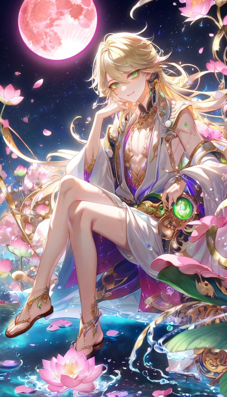 absurdres, highres, ultra detailed, HDR, master piece, best quality, extremely detailed face, delicated features, Taishakuten, ash-blonde hair, expressive green eyes, Onmyoji, solo, sexy man sitting, handsome, smile, white robes, pink lotus, pink petals, water, magical, fantasy, pink moon, starry sky, envy magical