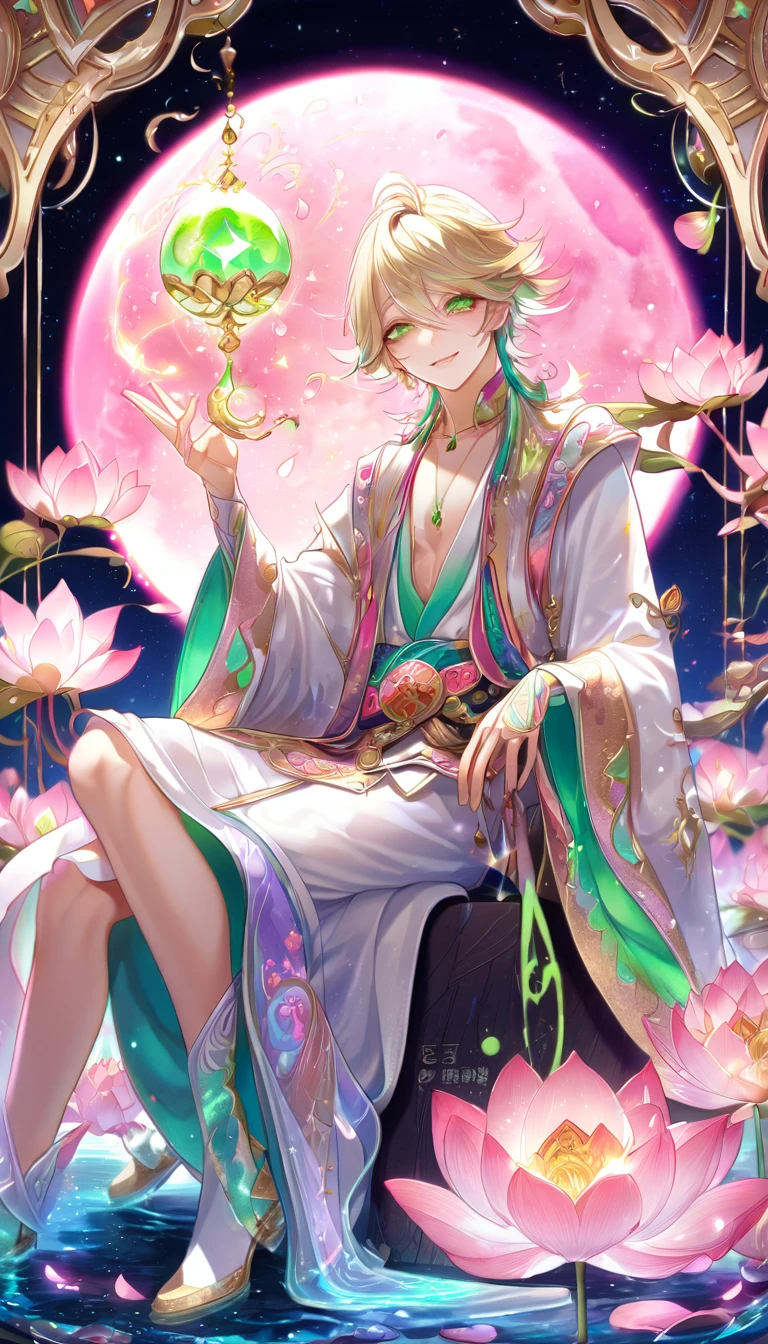 absurdres, highres, ultra detailed, HDR, master piece, best quality, extremely detailed face, delicated features, Taishakuten, ash-blonde hair, expressive green eyes, Onmyoji, solo, sexy man sitting, handsome, smile, white robes, pink lotus, pink petals, water, magical, fantasy, pink moon, starry sky, envy magical