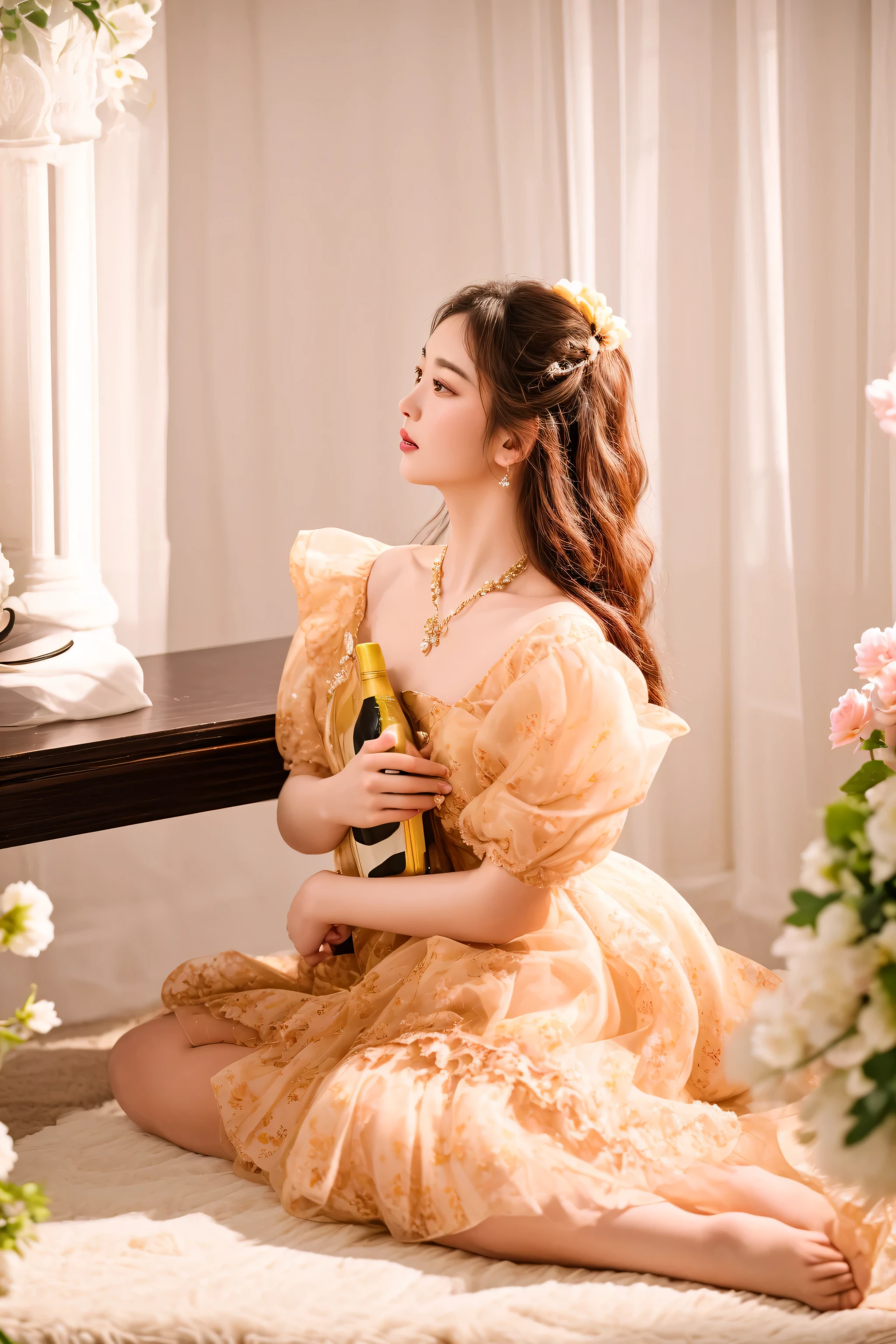 there is a woman sitting on a rug holding a bottle of wine, song hye - kyo, royal elegant pose, rococo queen, belle, lady with glowing flowers dress, wearing organza gown, lady using yellow dress, inspired by Huang Ji, bae suzy, inspired by Jeong Seon, high res, dilraba dilmurat, inspired by Zhang Yin