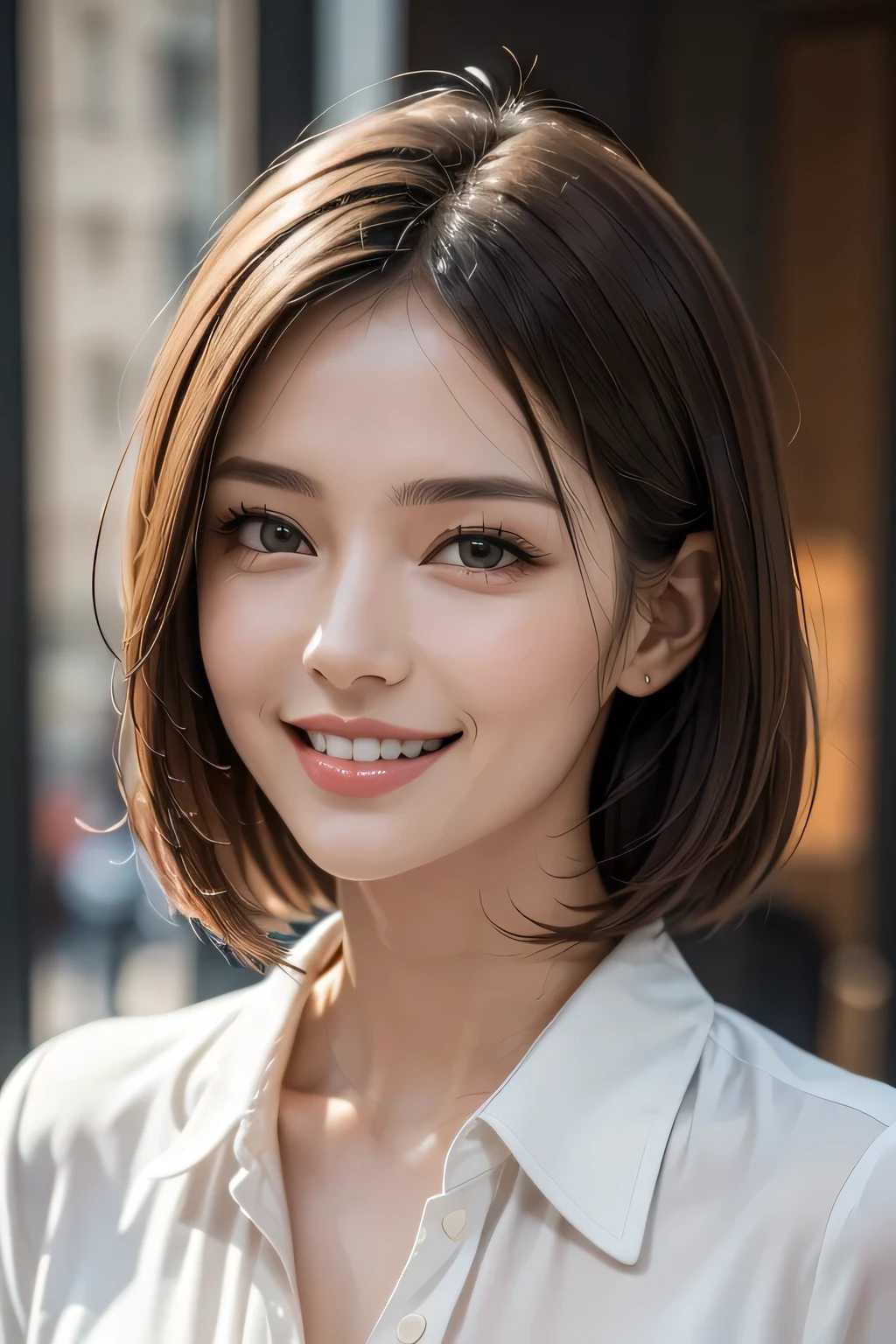((masterpiece)), ((Highest quality)), ((Complex)), ((Surreal)), (Realistic), (Mature Woman), ((No classes)), Very detailed, (1 female), Beautiful and exquisite, (Beautiful Teeth), Grin, Brunette bob hair, Brown eyes, ((blouse)), (Upper Body), (background:none), Perfect Eyes, Captivating eyes, Looking at the audience