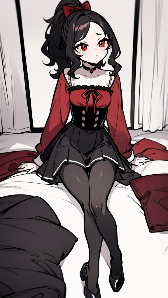 using pantimedies, wavy black hair, piercing look with deep red eyes, average stature, Silky hair with a ponytail hairstyle collected with a red bow with two white lines, with clothes, has a vagina, has breasts, cup of breasts, small breasts, slim, foreground, Session, sitting in her room, sitting on the floor of her room, wearing pantyhose, using pantimedies, Picardias, short skirt, shoes, blouse with straps