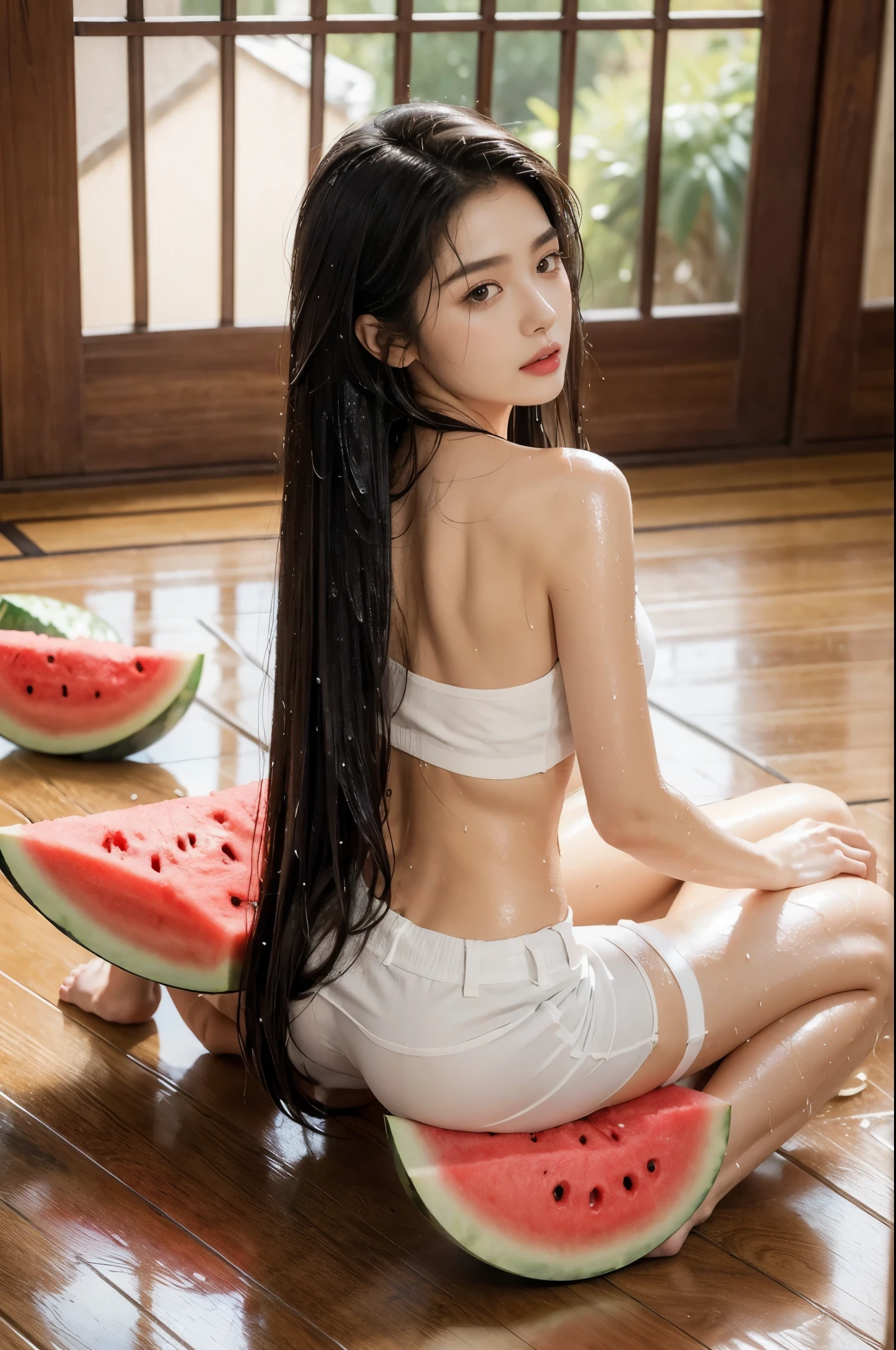 (((best quality))),(((ultra detailed))),(((masterpiece))),illustration,((1 beautiful girl,solo)),(blush:1.3),(sweat:1.5),(wet:1.5),(shiny skin:1.5),((slim,thin)),((bare back,towering hips,butt crack)),serene, Japanese countryside, summer, (white tank top:1.3),(navel:1.2),(white shorts:1.3),(slender legs:1.2), resilience, vitality, Japanese-style room, tatami mats, paper sliding doors, natural light, warm ambiance, minimalistic furniture, harmony, nature, human existence, radiant complexion,(shoulder length straight hair:1.2), ethereal, determination, unwavering spirit, adversity, stunning appearance, captivating, interplay of light and shadow, intricate details, heat, strength, tranquility, inner peace, summer beauty, human subject,resilience,(watermelon:1.2),(sitting on the floor:1.3),((from back,upper body))