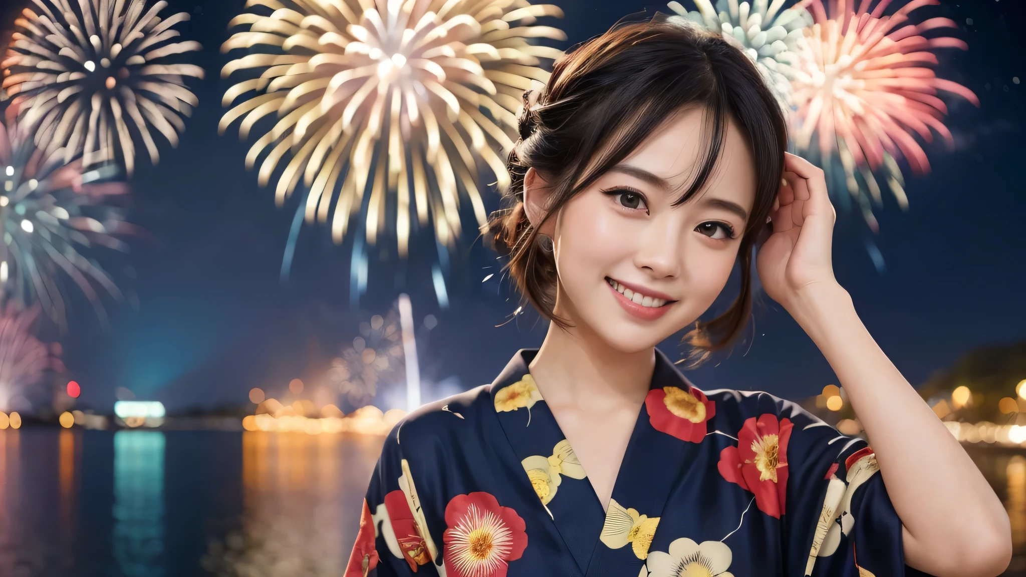 kawaii, (1girl), (happy smile:1.2), (yukata), Chignon hair, (Best Quality:1.4), Realistic, extremely detailed CG unified 8k wallpaper, highly detailed, High-definition raw color photos, professional photography, Realistic portrait, Beautiful detailed, Close up portrait of girl, Outdoors, Beautiful scenery, beach, (The night sky, fireworks, beautiful fireworks spreading across the sky:1.4), so beautiful, upper body photos, amazingly beautiful sight, A wonderful, (Fine face:1.2),