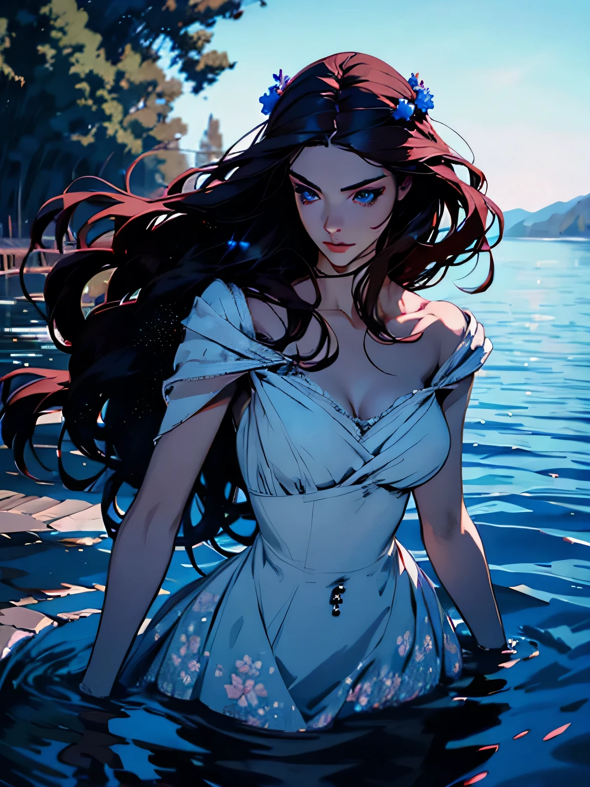 hyper-realistic of a mysterious woman with flowing dark hair, piercing blue eyes, and a delicate floral crown, walking on the water, whole body