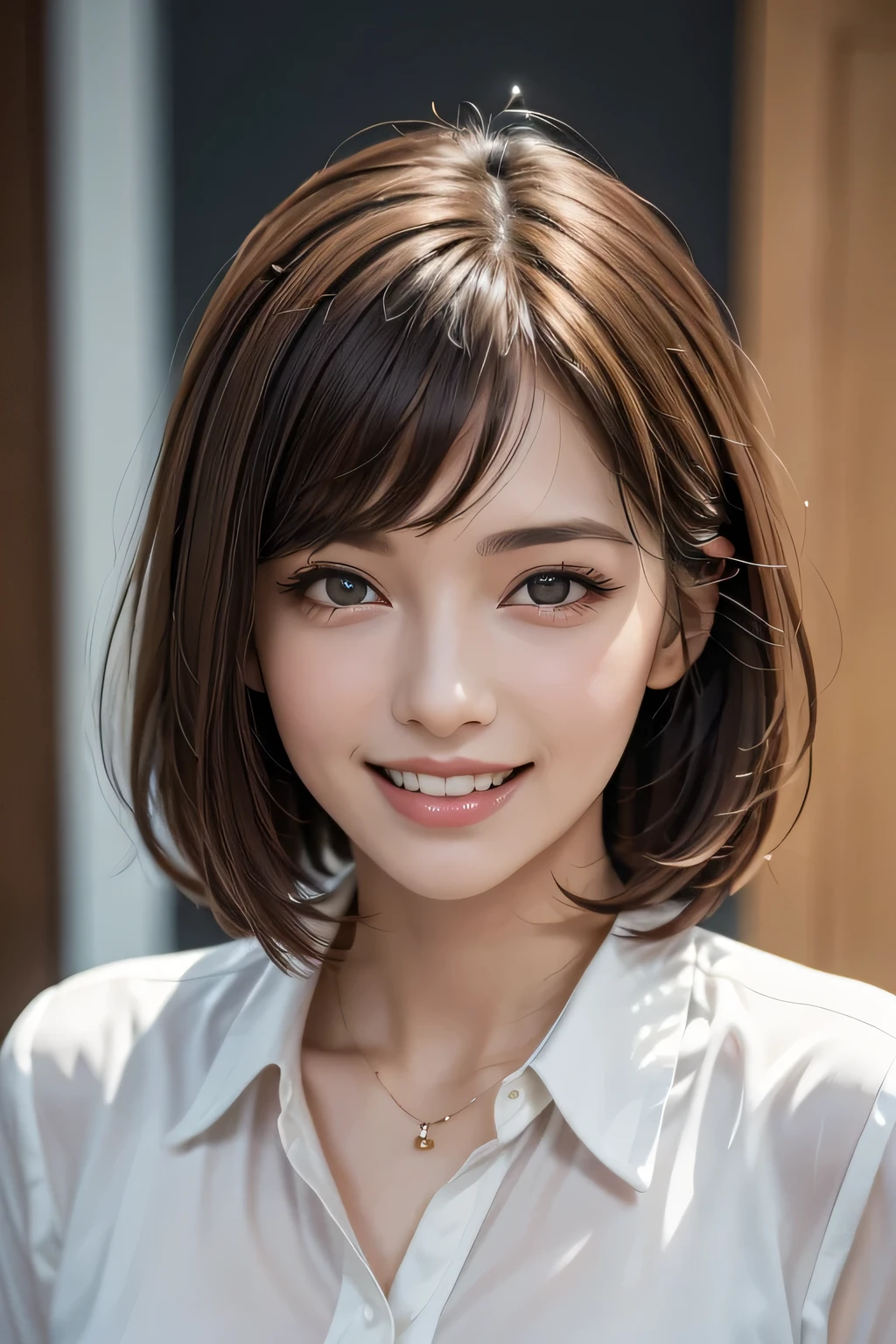 ((masterpiece)), ((Highest quality)), ((Complex)), ((Surreal)), (Realistic), ( Woman), ((No classes)), Very detailed, (1 female), Beautiful and exquisite, (Beautiful Teeth), Grin, Brunette bob hair, Brown eyes, ((blouse)), (Upper Body), (background:none), Perfect Eyes, Captivating eyes, Looking at the audience