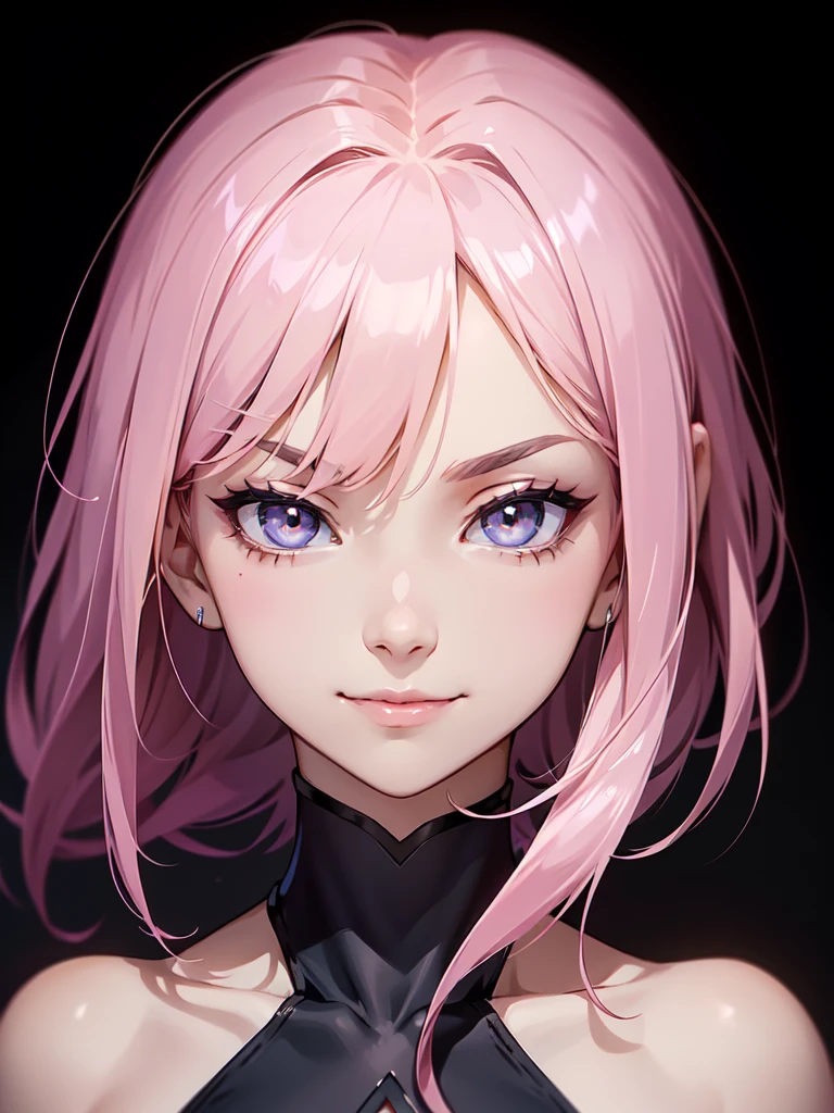 (((Portrait Photo))), She has the Appearance of a Delicate and Fragile Teenager, with a Slim, Athletic Build, and a Very Flat Chest. She has Neck-length, Tousled, Light Pink Hair, with a Uneven Cut that Frames Her Face. Her Light Gray Eyes Sparkle with Confidence and a Hint of Mischief, Giving her a Playful yet Arrogant Demeanor. She is Dressed in a Sleeveless, High-necked Leotard. Her Smug Expression is Confident and Proud, with a Slight Mischievous Smile, Conveying a Sense of Unwavering Self-Assurance and a Carefree Attitude. (((High Quality, Dark Background))), (((Portrait Photo)))