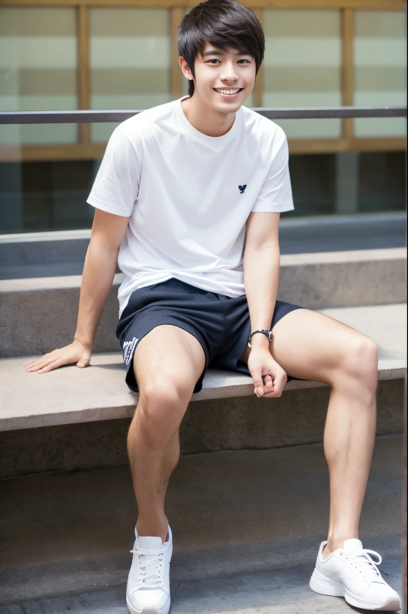 Japanese, male, university student, Wearing shorts, Sitting, ((full body)), (super sharp focus), (Hairy legs), smile, Anatomically correct,