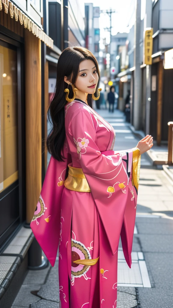 Moisturized Skin、(Pink and bright eyes),(Condescending to people)、Perfect body、
BREAK,
(Beautiful navel),(Side slits),(Epaulettes), Cape, Crop top,Cape,
BREAK,
(Super long hair),(Large gold curved earrings:1.2),
BREAK,
(((masterpiece+Highest quality+High resolution+Very detailed))),  (whole body:1.2),Symmetrical,One Cut,
BREAK,
(In the streets of Japan:1.3),
BREAK、
（ONE PIECE）、(Kasumi Arimura:1.4),(Boa Hancock:1.3),((Big snake)),