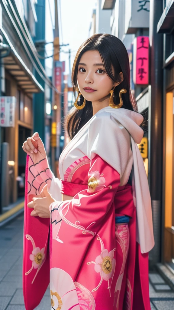 Moisturized Skin、(Pink and bright eyes),(Condescending to people)、Perfect body、
BREAK,
(Beautiful navel),(Side slits),(Epaulettes), Cape, Crop top,Cape,
BREAK,
(Super long hair),(Large gold curved earrings:1.2),
BREAK,
(((masterpiece+Highest quality+High resolution+Very detailed))),  (whole body:1.2),Symmetrical,One Cut,
BREAK,
(In the streets of Japan:1.3),
BREAK、
（ONE PIECE）、(Kasumi Arimura:1.4),(Boa Hancock:1.3),((Big snake)),
