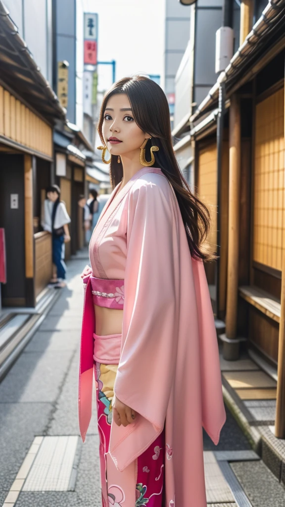 Moisturized Skin、(Pink and bright eyes),(Condescending to people)、Perfect body、
BREAK,
(Beautiful navel),(Side slits),(Epaulettes), Cape, Crop top,Cape,
BREAK,
(Super long hair),(Large gold curved earrings:1.2),
BREAK,
(((masterpiece+Highest quality+High resolution+Very detailed))),  (whole body:1.2),Symmetrical,One Cut,
BREAK,
(In the streets of Japan:1.3),
BREAK、
（ONE PIECE）、(Kasumi Arimura:1.4),(Boa Hancock:1.3),((Big snake)),