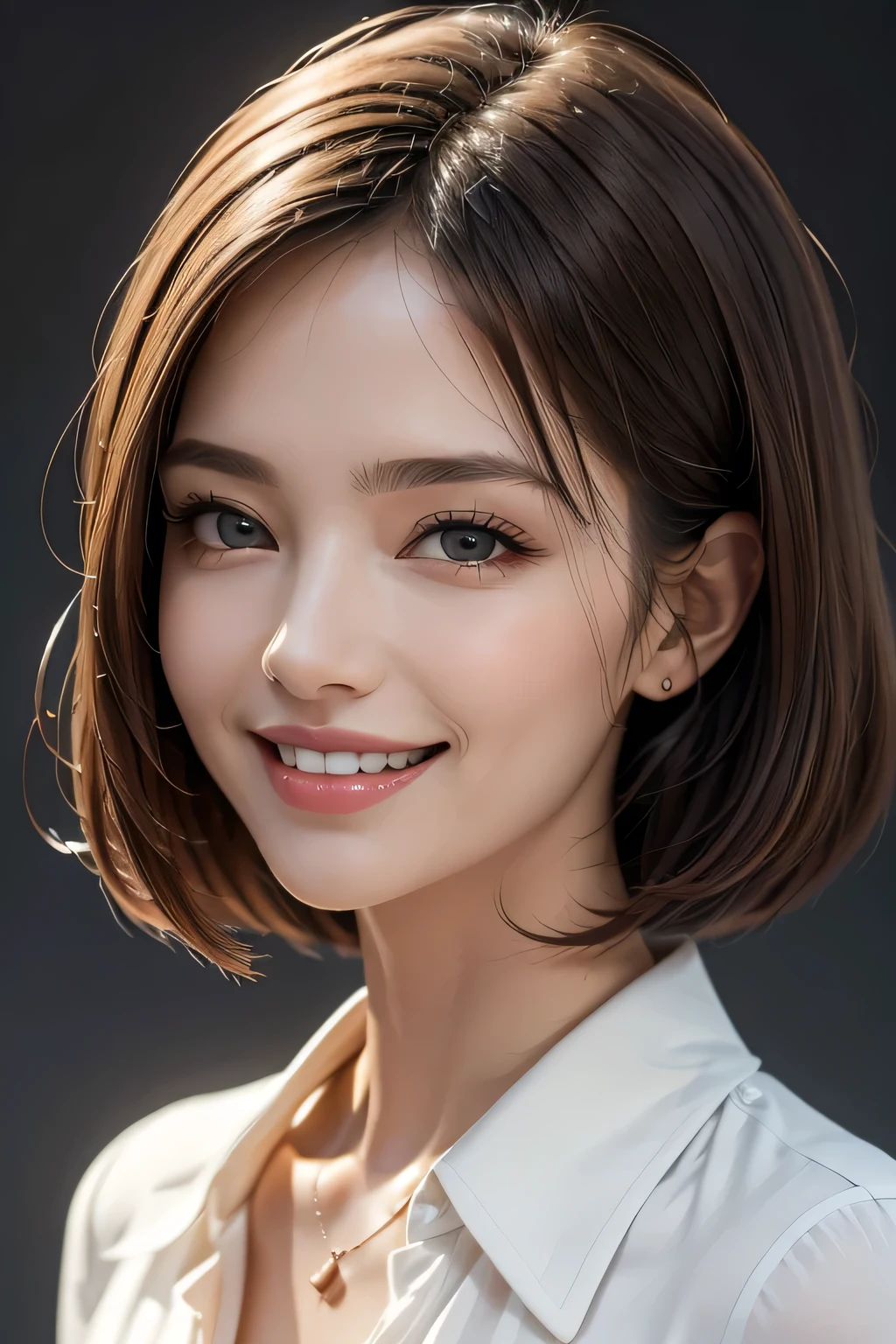 ((masterpiece)), ((Highest quality)), ((Complex)), ((Surreal)), (Realistic), (Mature Woman), ((No classes)), Very detailed, (1 female), Beautiful and exquisite, (Beautiful Teeth), Grin, Brunette bob hair, Brown eyes, ((blouse)), (Upper Body), (background:none), Perfect Eyes, Captivating eyes, Looking at the audience