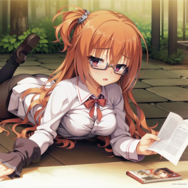 (Tabletop:1.0), (highest quality:1.4), (High resolution:1.2), From the side,Sharp contours,  boyish, highest quality, masterpiece,Glasses,Voice of the Heart,20-year-old woman,yandere,Big Breasts,Chest to chest,Lying face down,Upper Body,Ecstasy,blush,Squint your eyes,Tuck up your clothes,lure