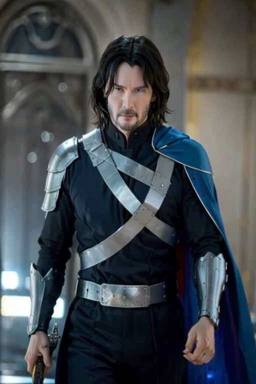 A knight in full armor and blue cape, the knight holds his huge bastard sword, On the breastplate of his armor there is a symbol carved in the shape of an Ouroboros., a serpent in the shape of a perfect circle devouring its own tail., Keanu Reeves 
