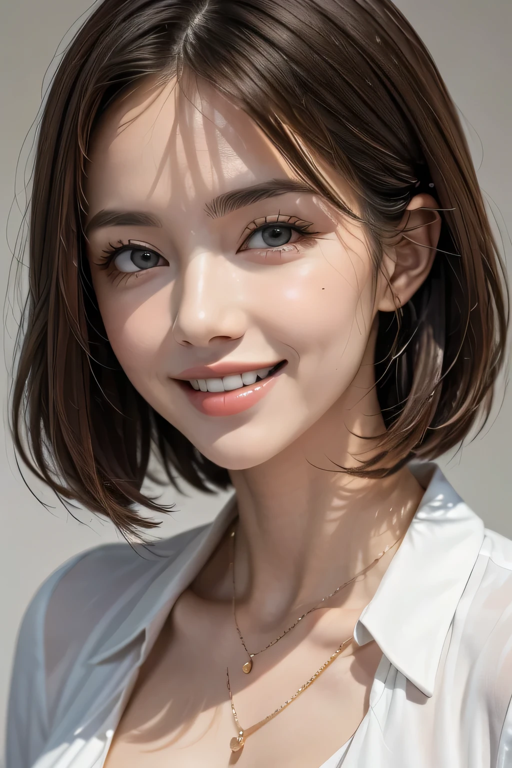 ((masterpiece)), ((Highest quality)), ((Complex)), ((Surreal)), (Realistic), (Mature Woman), ((No classes)), Very detailed, (1 female), Beautiful and exquisite, (Beautiful Teeth), Grin, Brunette bob hair, Brown eyes, ((blouse)), (Upper Body), (background:none), Perfect Eyes, Captivating eyes, Looking at the audience