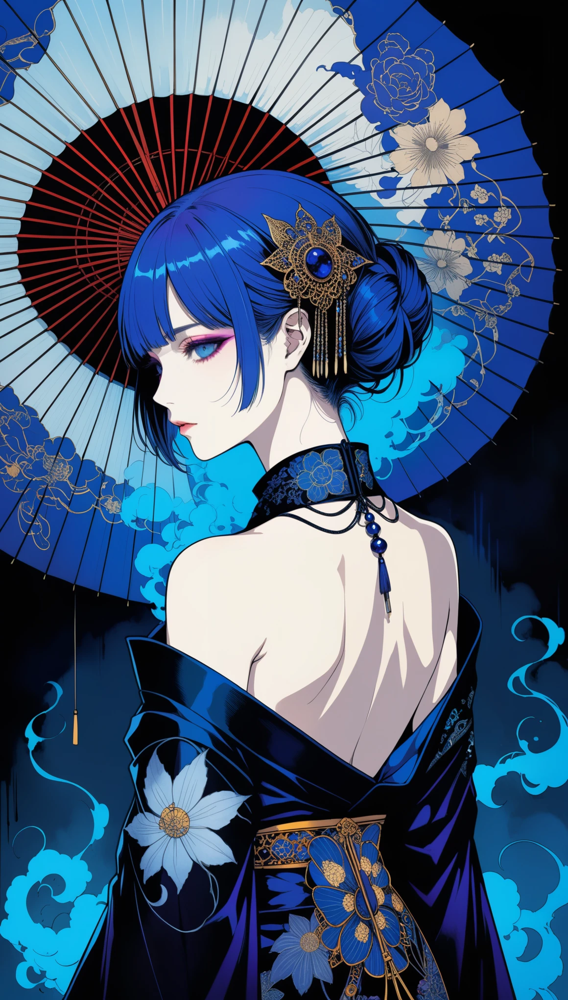 (in style of Harry Clarke:1.1),in style of Santiago Caruso,
1girl,short blue hair,gorgeous oil-paper umbrella,the dark purple pupils glow,no rain,eye to eye,smoking,smooth back,bare shoulders,bare_back,a black noble kimono with shoulders exposed,
BREAK
(neon-glowing blue smoke:1.5),absolute darkness,black art,(from behind:1.2),portrait close-up,darkness,blue tones in the dark,backlight,low light,it brings out a quiet and cold atmosphere,