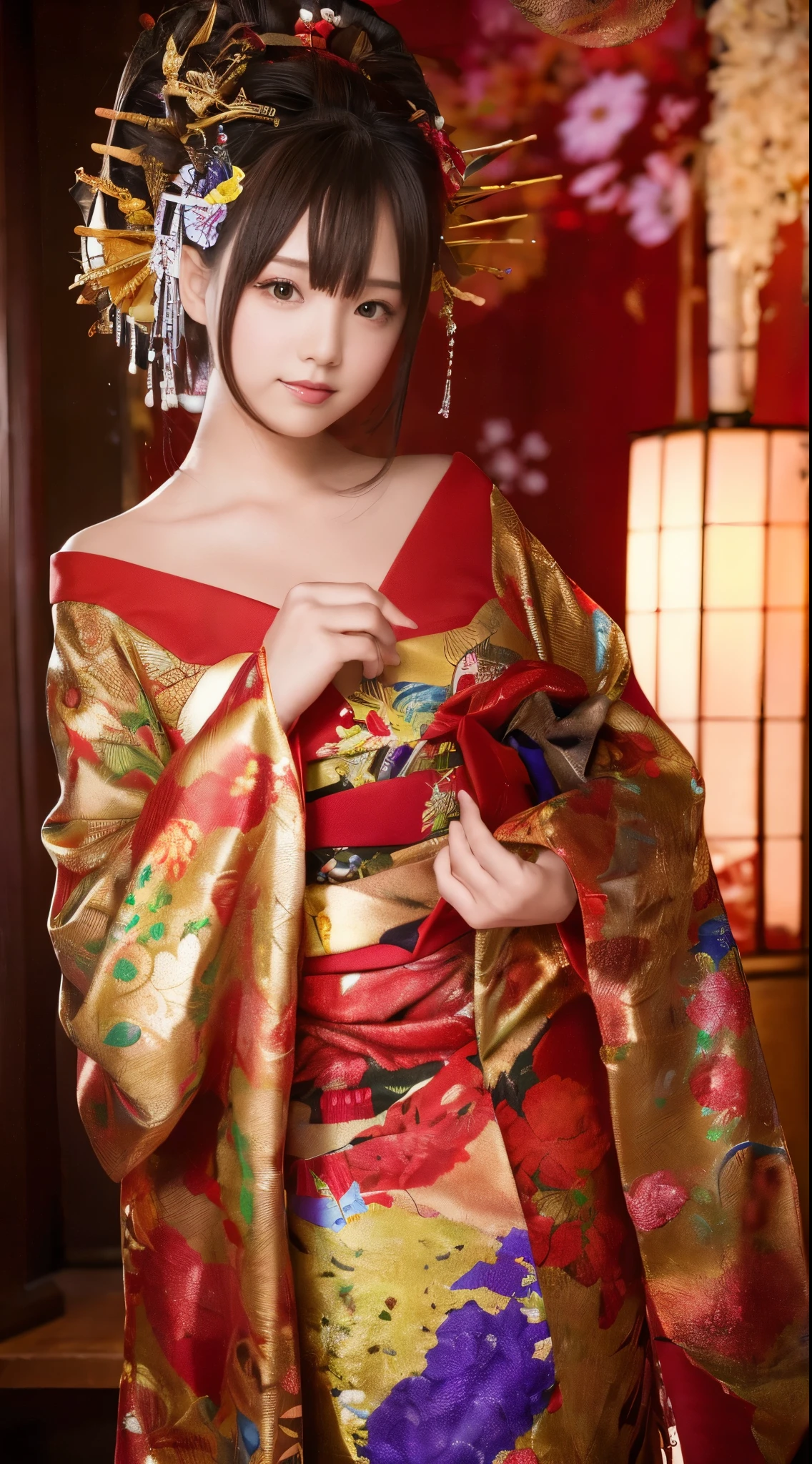 ((masterpiece(:1.4),Highest quality,Ultra-high resolution,Highest quality,8k,Extremely detailed,In detail))。night,Fireworks display,Japanese,A beautiful woman,Golden Ratio Style,Gal Makeup,Oiran,Long-sleeved kimono,Hair tying,hair ornaments,smoke tube,geta,Gorgeous and luxurious,(Fireworks displayのnightに河川敷で花火を背景にしたスナップ写真),Hyper Quality