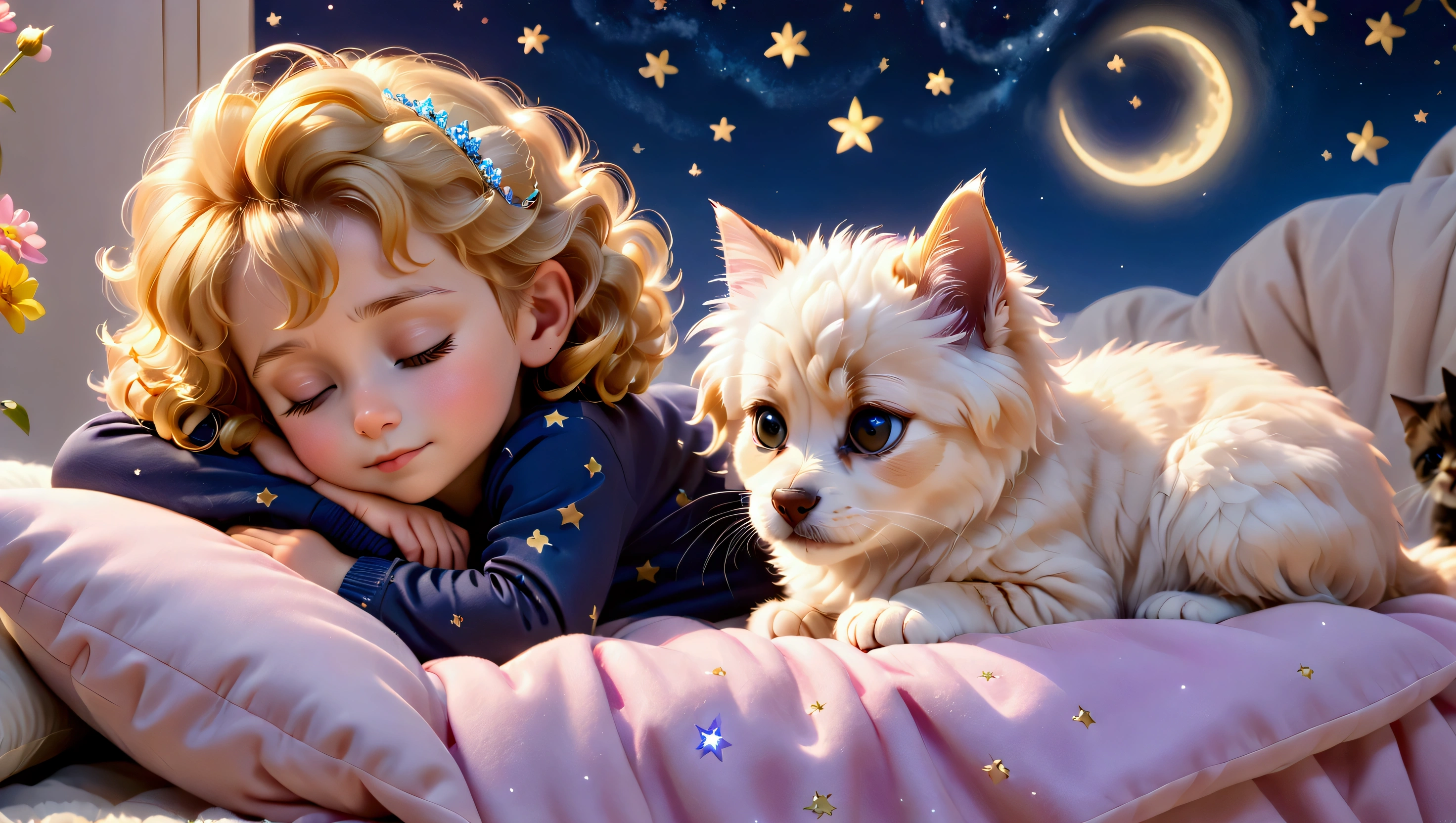 An image of a blond 5 year old boy with yellow curly hair, sleeping with a 5 year old, straight shoulder-length black hair, a puppy of the lhaza apso breed, white with caramel spots on the eyes, paws and tail, a blue kitten, um gatinho filhote amarelo com um boné da vondutch e uma pink kitten filhote  com uma tiara de flores na cabeça, everyone sleeps peacefully with a slight smile in their eyes, as if they were dreaming, they sleep on a cloud with a background of a beautiful starry night and a figure that represents a version of Amadeus Mozart as he is telling the characters to sleep. pink kitten, no clothers