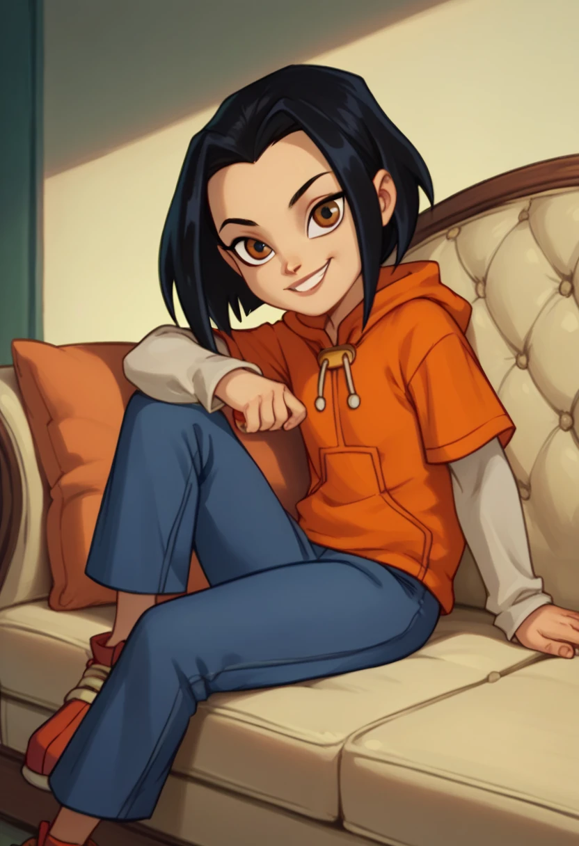 jadechan, 1girl, flat chest , black hair, brown eyes, solo, short hair, long sleeves, orange hoodie, hood, smile, pants, looking at viewer, sitting on sofa,