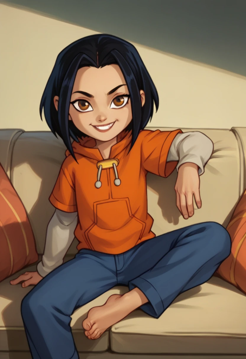 jadechan, 1girl, flat chest , black hair, brown eyes, solo, short hair, long sleeves, orange hoodie, hood, smile, pants, looking at viewer, sitting on sofa,