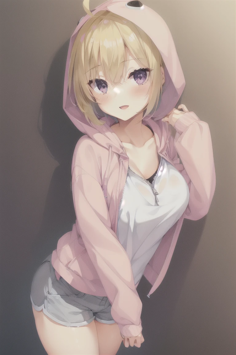 1girl,bangs,smiling,独奏,blush,jacket,simple_background,white_background,breasts,cleavage,large_breasts,open_mouth,shorts,eyebrows_ass visible_through_hair,short_hair,ahoge,bionde_hair,long_sleeves,large_breasts,hair_between_eyes,standing,shirt,grey_eyes,white_shirt,collarbone,gray_shorts,parted_lips,hood,hooded_jacket,zipper,animal_hood,hood_up,hoodie,hand_up,outline,short_shorts,grey_shorts,dolphin_shorts,sleeves_past_wrists,cropped_Legs,sleeves_past_fingers,pink_jacket,pink_hoodie,expensive_solve, clear_image, expensive_Contrast, 8k, Sparkling, beautiful_detailed_face_and_eye, (Blonde:1.25), 白 eye,White background,White background