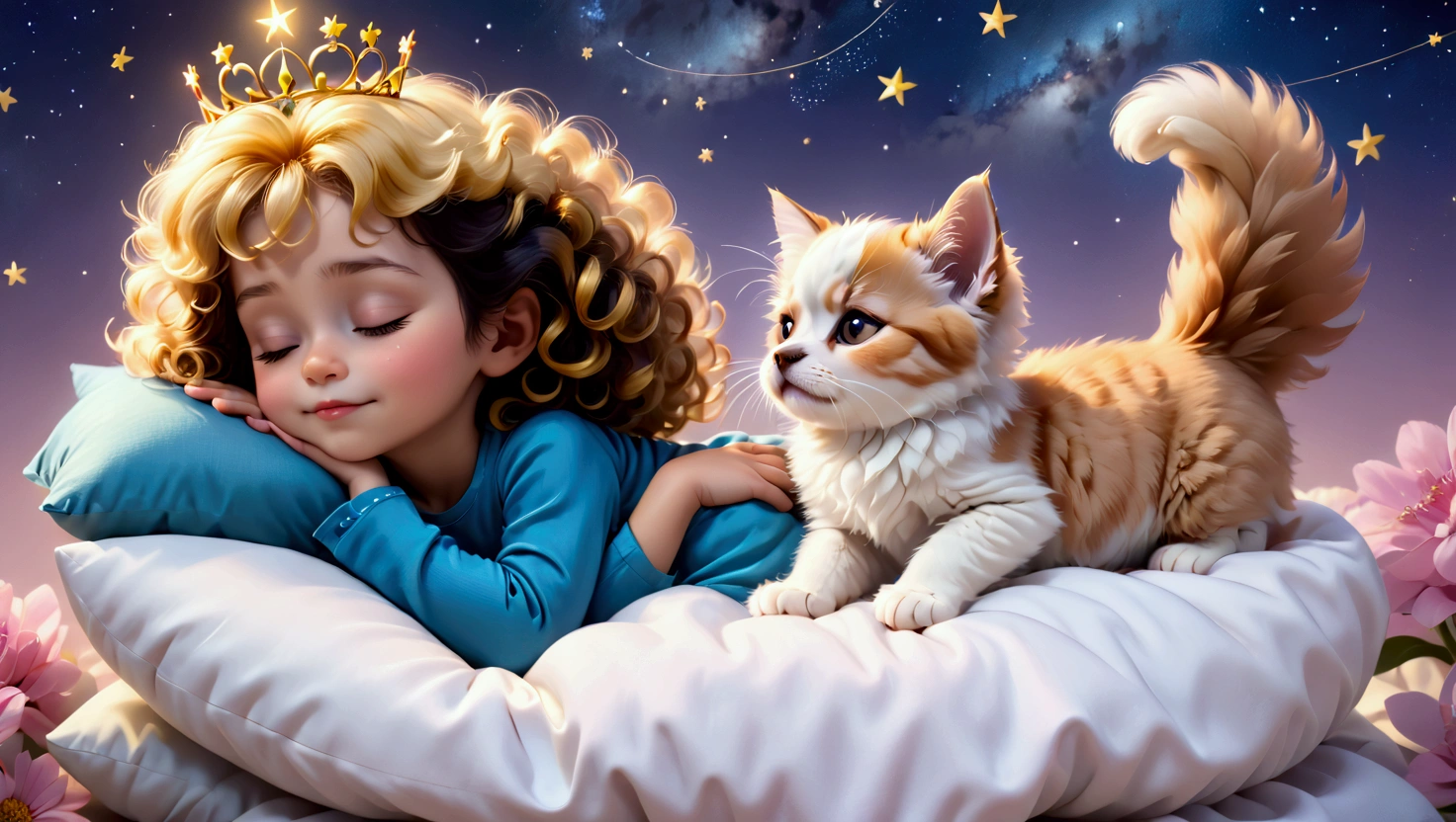 An image of a blond 5  boy with yellow curly hair, sleeping with a 5 year oldht shoulder-length black hair, a puppy of the lhaza apso breed, white with caramel spots on the eyes, paws and tail, a blue kitten, um gatinho filhote amarelo com um boné da vondutch e uma pink kitten filhote  com uma tiara de flores na cabeça, everyone sleeps peacefully with a slight smile in their eyes, as if they were dreaming, they sleep on a cloud with a background of a beautiful starry night and a figure that represents a version of Amadeus Mozart as he is telling the characters to sleep. pink kitten, no clothers