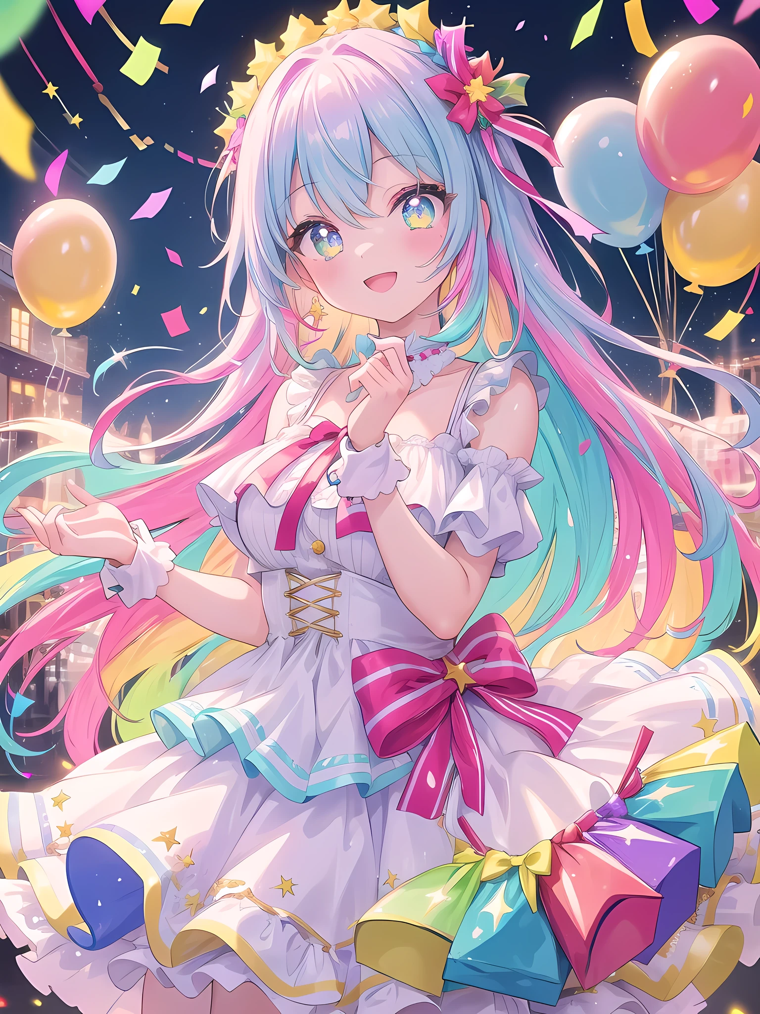 ((8k, best quality, master piece: 1.3)),super high resolution,(1 girl, solo), (colorshift eyes, hyperdetailed, expressive sparkling, glitter, glowing eyes), ultra detailed eyes, ultra-detailed face, random hair, ((pastel color)), Draw a enjoying a birthday party. The girl is wearing a colorful dress and has a happy expression as she stands in front of a cake and presents. There are balloons and party decorations in the background, which add to the bright and festive atmosphere. Draw the image from a camera angle that shows the cake, the presents, and the girl. The girl is holding a large bouquet of pastel-colored flowers in both hands. The colors come from the colorful decorations at the party and the cake decorations. It is a joyous scene with colorful confetti raining down. The confetti sparkles and glitters in the light, adding a festive and festive mood to the image. The background has vibrant colors and dynamic movement, which enhances the overall lively atmosphere.