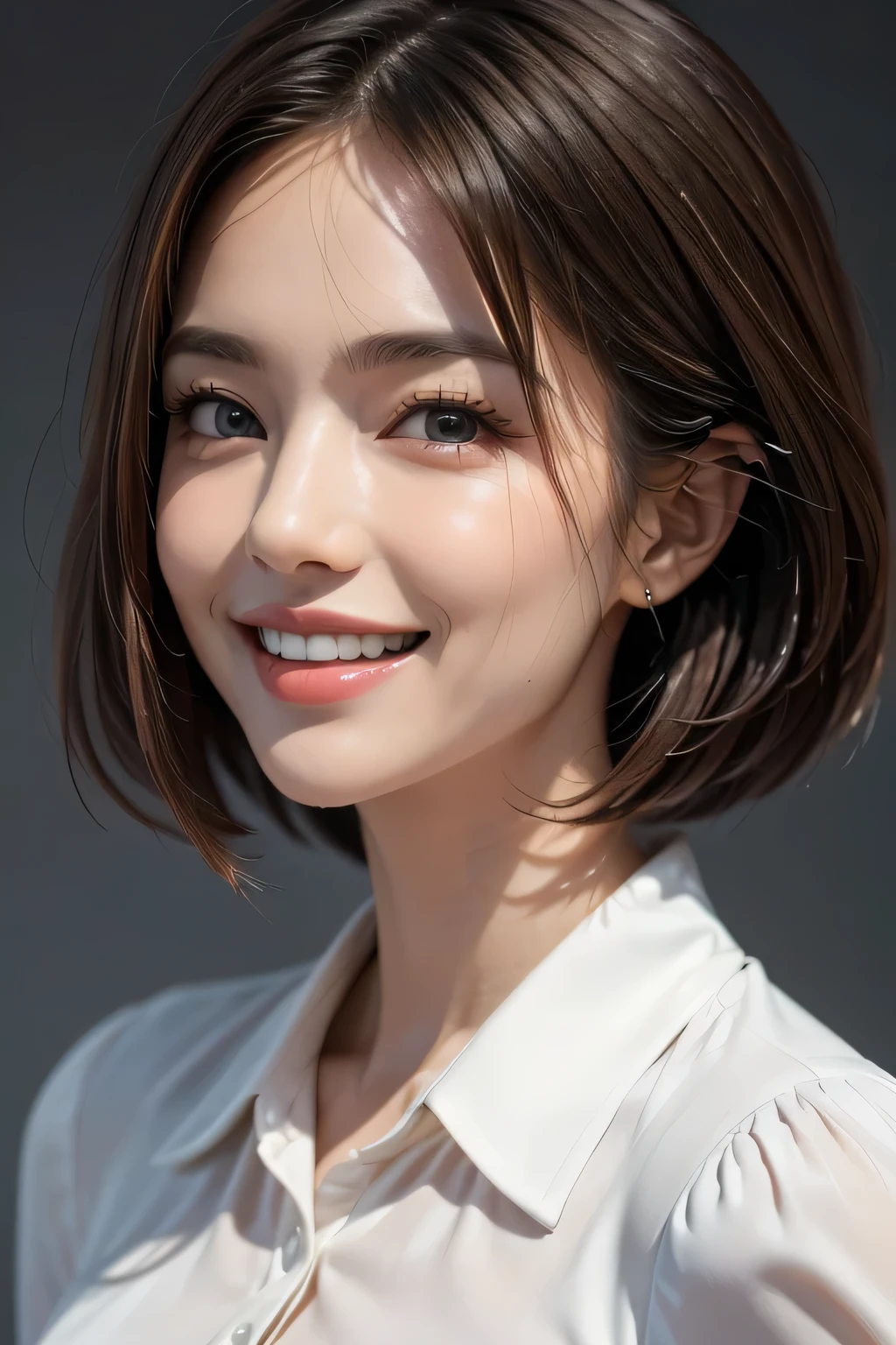 ((masterpiece)), ((Highest quality)), ((Complex)), ((Surreal)), (Realistic), (Mature Woman), ((No classes)), Very detailed, (1 female), Beautiful and exquisite, (Beautiful Teeth), Grin, Brunette bob hair, Brown eyes, ((blouse)), (Upper Body), (background:none), Perfect Eyes, Captivating eyes, Looking at the audience