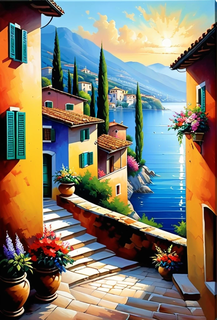 Beautiful village oil painting, Villa Bella, Italy, bySung Kim