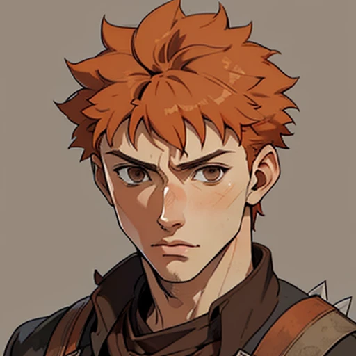 (masterpiece), (best quality),(portrait),(bust up),1boy,solo,(sharp focus),((look at viewer)),(orange hair),young boy,short hair,(ancient:1),ancient luxurious long clothes,old school fantasy art,(farmer outfit),((simple background)),gray background,(shirou emiya), (brown eyes:1.5),spiked hair,