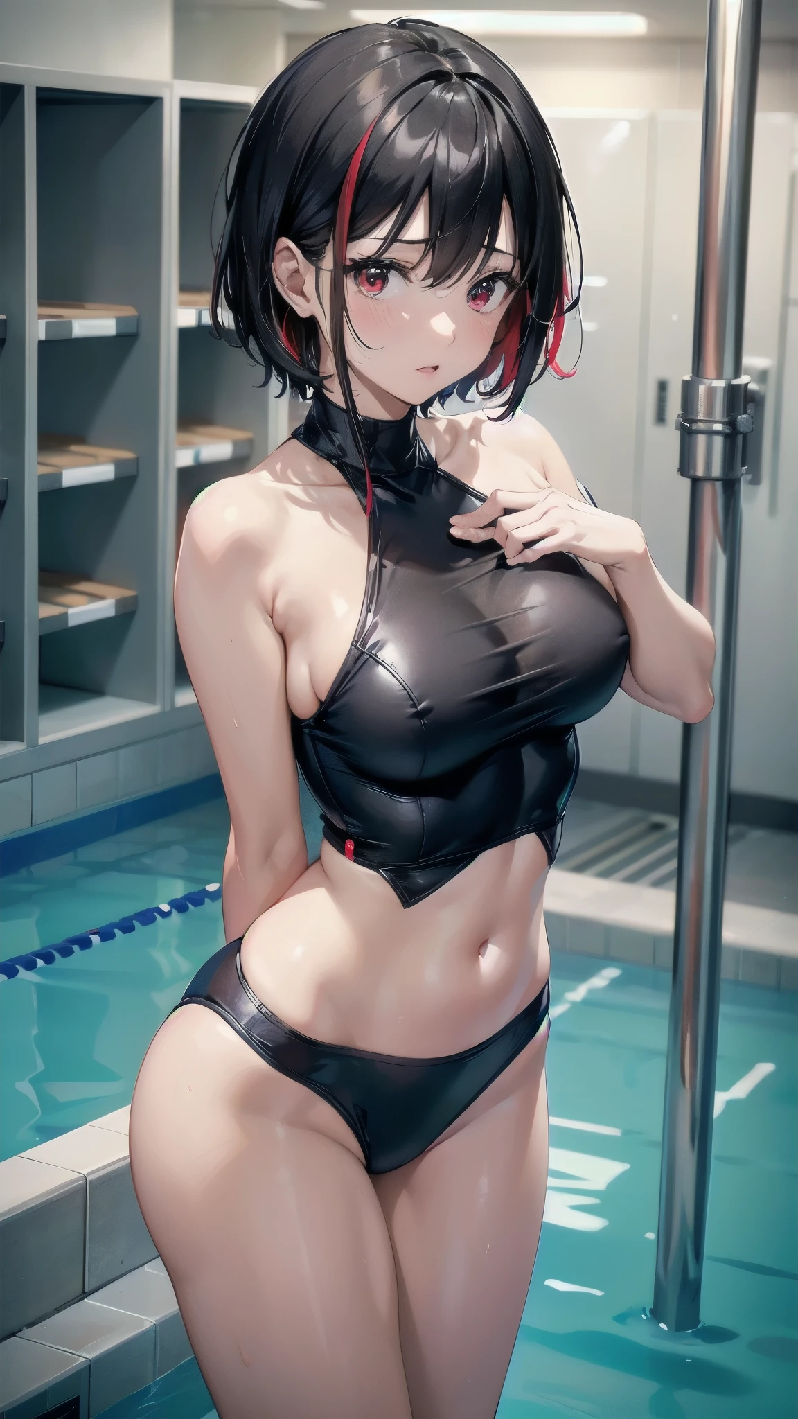 A 28-year-old woman changing clothes in the locker room of a public swimming pool、She has short black hair with red highlights and red eyes.、B cup breastodest chest、Small breasts、Looking at me with a shy look on his face、Half nakedで白い襟付きのYシャツを脱いでいて上品なブラジャーが見えます、She doesn't wear pants、She is naked in the lower half of her body、Half naked、I can see the female genitals、I can see the clitoris、Pubic hair growing、I can see the vagina、Modest but beautiful breasts、R-18、Pink nipples、Erotic manga、Beautiful illustrations、I'm about to take it off, so I can see my.、I'm about to take it off, so I can see the female genitalia.、、She has climaxed and has her eyes closed、Climax face、A face with an open mouth、She is not wearing anything、R-18 illustration、、Corners of her body々You can observe up to、