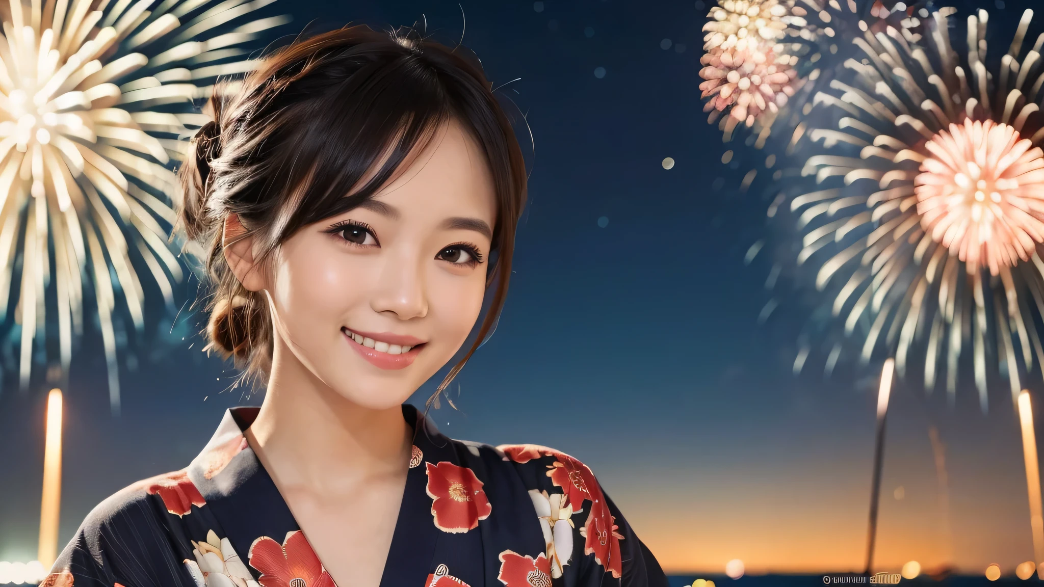 kawaii, (1girl), (happy smile:1.2), (yukata), Chignon hair, (Best Quality:1.4), Realistic, extremely detailed CG unified 8k wallpaper, highly detailed, High-definition raw color photos, professional photography, Realistic portrait, Beautiful detailed, Close up portrait of girl, Outdoors, Beautiful scenery, beach, (The night sky, fireworks, beautiful fireworks spreading across the sky:1.4), so beautiful, upper body photos, amazingly beautiful sight, A wonderful, (Fine face:1.2),
