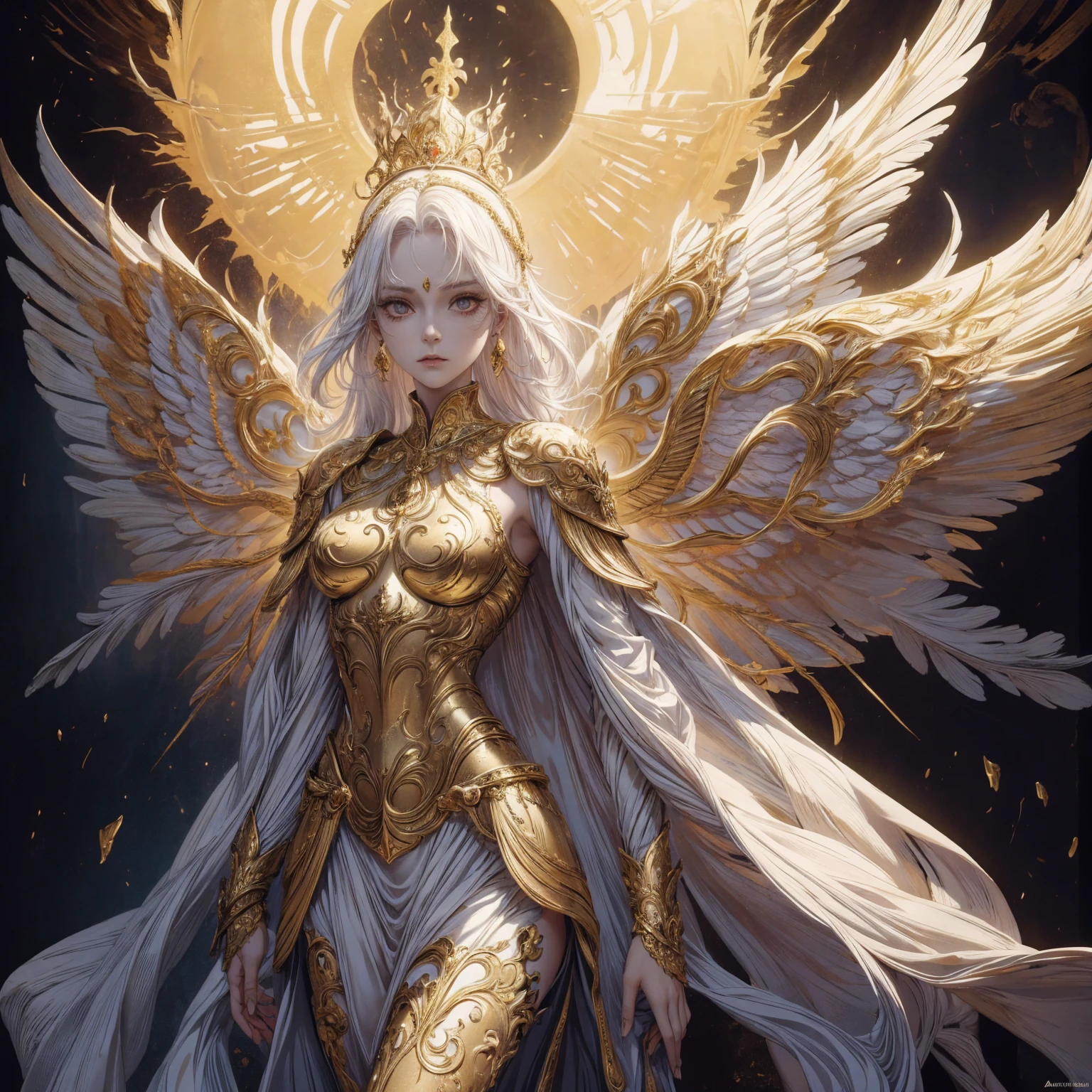 Art of Woman Wearing Sun Crown, Wearing a gorgeous golden breastplate that exposes a small amount of skin above the chest, Wearing a gorgeous golden dress, A pair of giant angel wings taller than the body spread out behind the woman., ancient goddess art, Sacredness. Very detailed, Mysterious inspiration, Inspiration from the Sun God, Religious inspiration, Cold and snobbish face, Dangerous expressions, White hair, Standing, Full body portrait, Gothic art style, Weird art style, Occult art