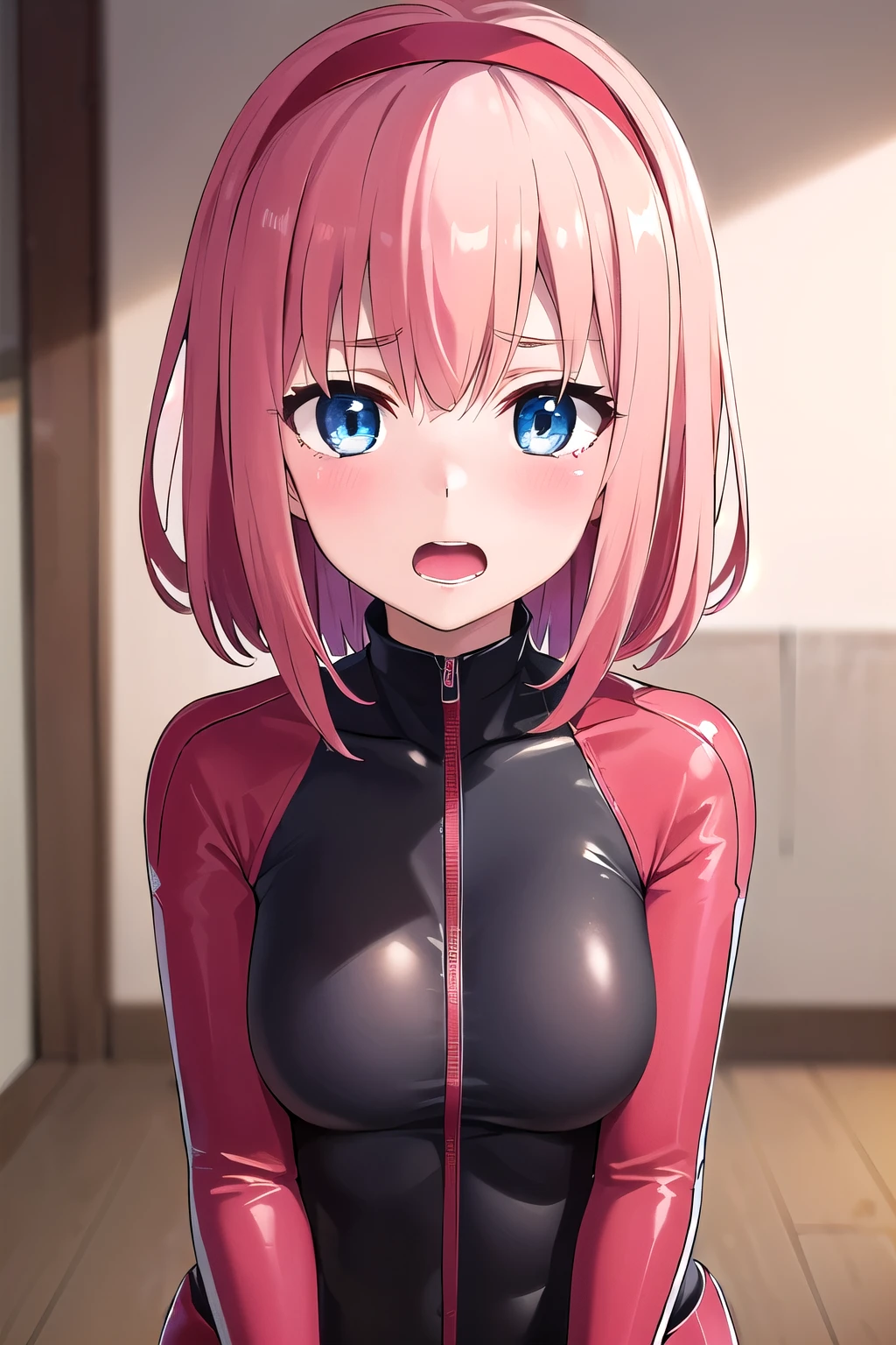 (masterpiece, best quality, ultra-detailed),  blue eyes, pink hair, spiky hair, hair intakes, red headband, (red bodysuit:1.2), (portrait shot, upper body to thigh:1.2),  (rolling eyes), naughty face, blush, open mouth, , indoors, looking at viewer
