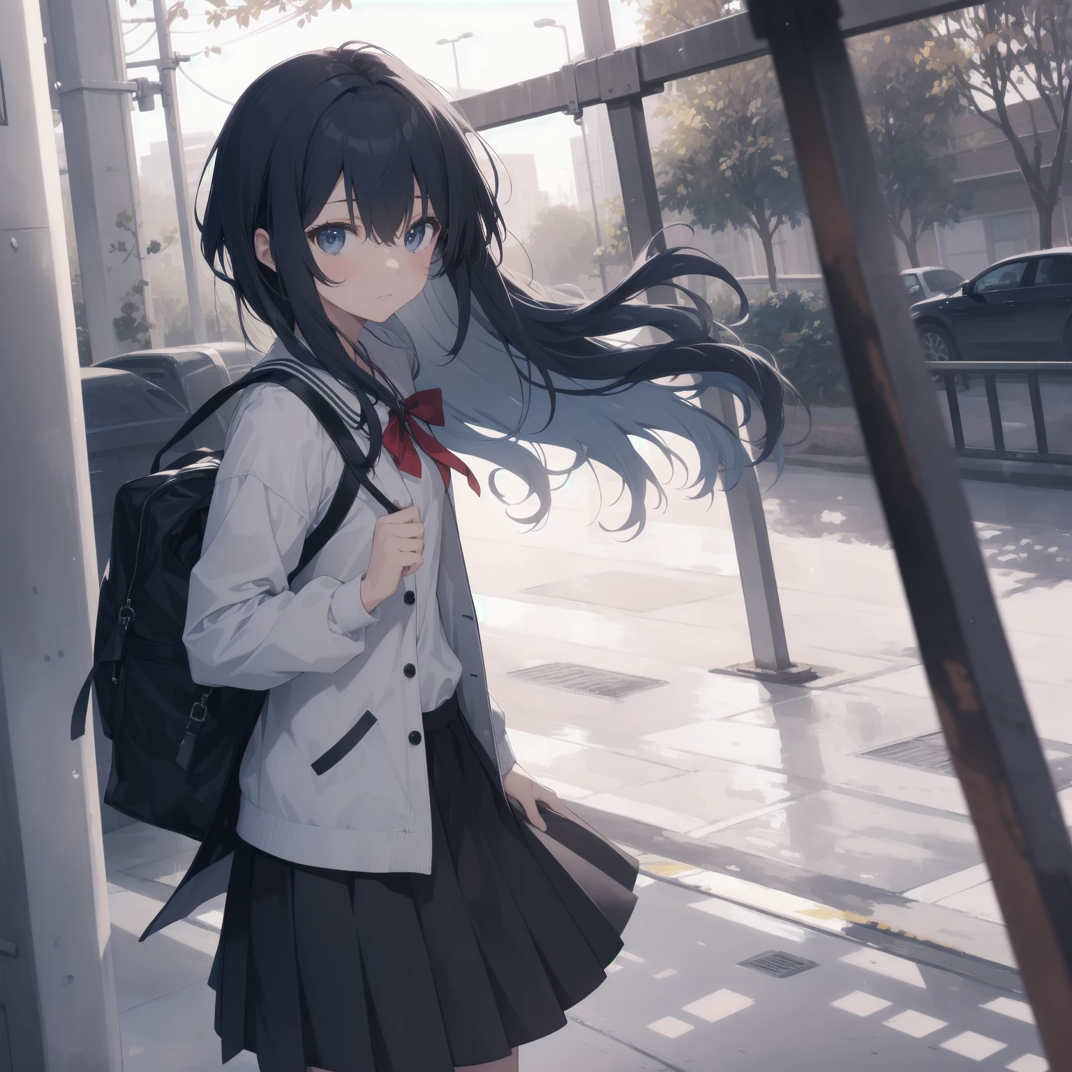 ultra-absurdres-Top quality by artist God, ultra-detailed, high resolution, anime moe artstyle, best anime 8k konachan wallpaper, pixiv contest winner, pool:2810, perfect anatomy,break, 1girl, (Please draw a girl walking sleepily to school alone. )break,(Solo,little female, 13-year-old:1.3),Full limbs, complete fingers,a junior high school student, (very short hair), short cut, flat chest, , small butt, small black eyes, beautiful detailed eyes, well-proportioned iris and pupils, expressive eyes, highres detailed hair, soft expression, salor school_uniform, sailor collar, serahuku, bow, pleated skirt,(Detailed Lighting), (Detailed background), in the School commute route. break,super detailed skin, Best cinematic lighting powered by famous artist, 8k,beauty illustration,photoshop_(medium),very aesthetic,break,((artist:minami_(colorful_palette) )), artist:clamp ,artist:carnelian ,artist:kantoku ,