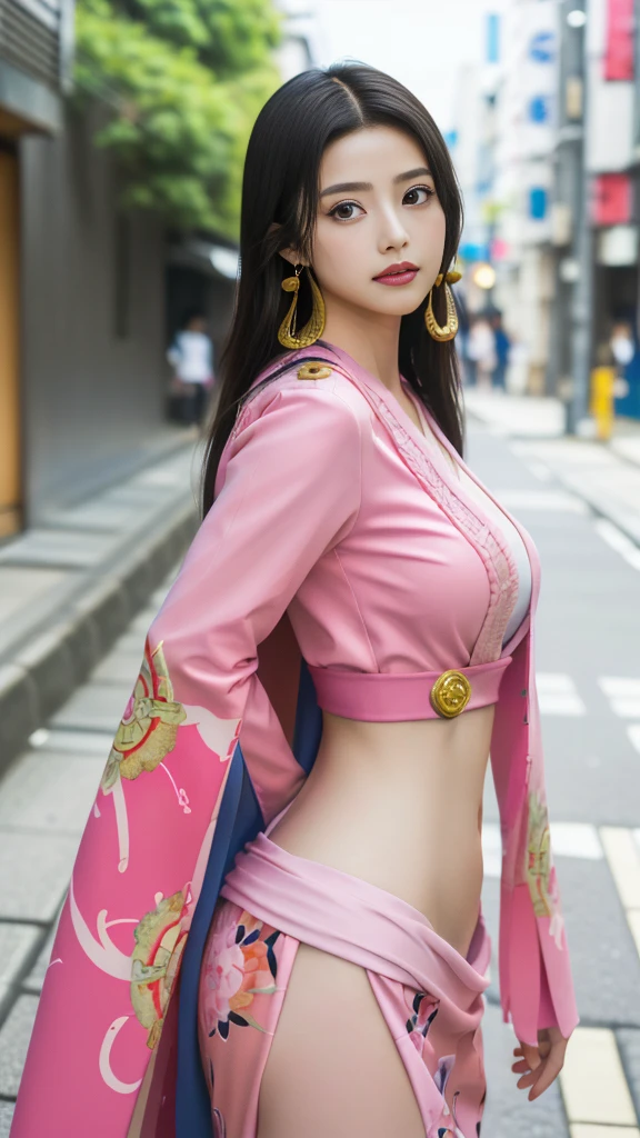 Moisturized Skin、(Pink and bright eyes),(Condescending to people)、Perfect body、
BREAK,
(Beautiful navel),(Side slits),(Epaulettes), Cape, Crop top,Cape,
BREAK,
(Super long hair),(Large gold curved earrings:1.2),
BREAK,
(((masterpiece+Highest quality+High resolution+Very detailed))),  (whole body:1.2),Symmetrical,One Cut,
BREAK,
(In the streets of Japan:1.3),
BREAK、
（ONE PIECE）、(Kasumi Arimura:1.4),(Boa Hancock:1.3),((Big snake)),